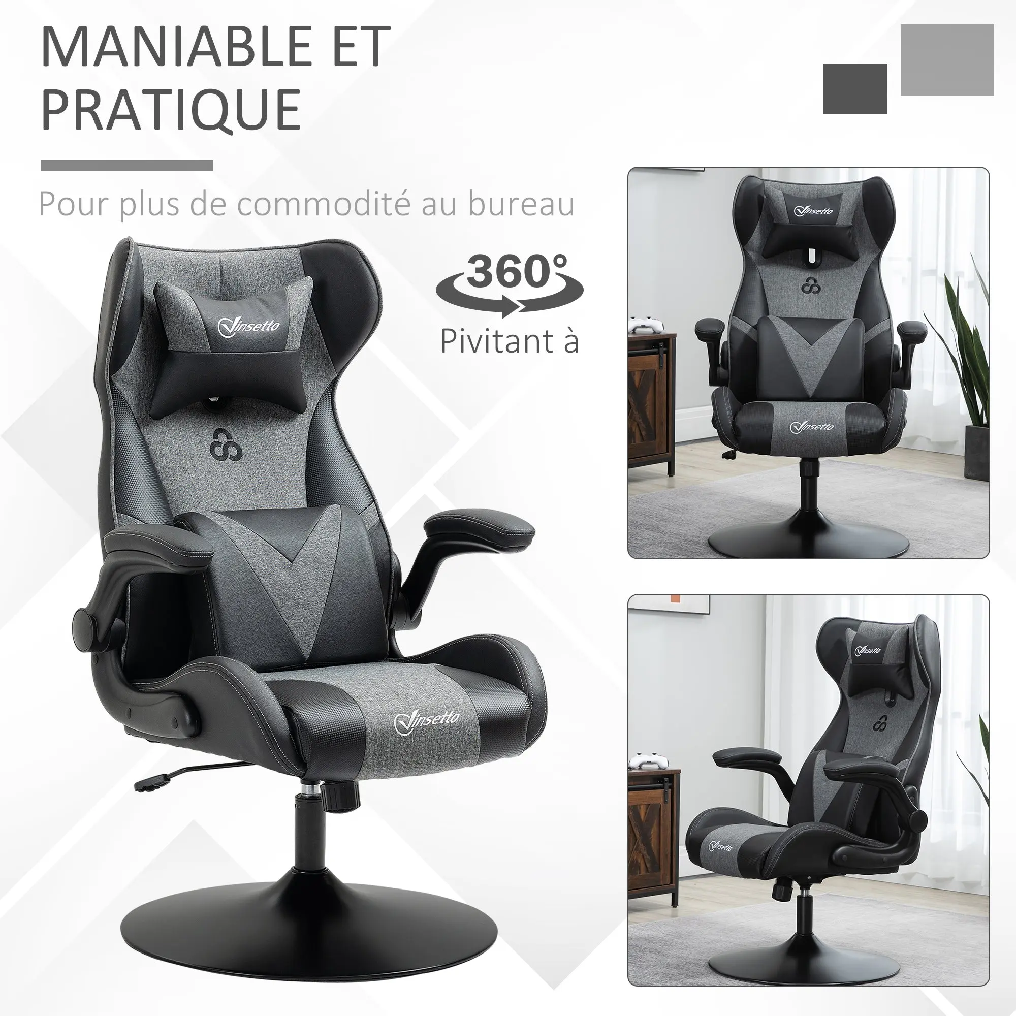 Ergonomic Gaming Chair with Adjustable Height Round Base Flip-up Armrest Headrest and Lumbar Cushions PU Grey Black