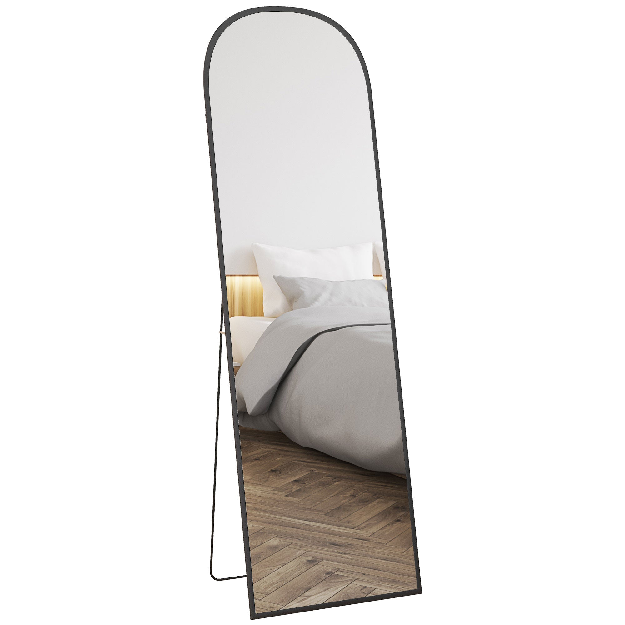 HOMCOM Volledige Spiegel 160,5 x 49 cm Boogvormige Vloerspiegel met Geschokt Glazen en Aluminium Frame, Leunende Wandspiegel, Staande Spiegel voor Woonkamer, Slaapkamer, Hal, Zwart