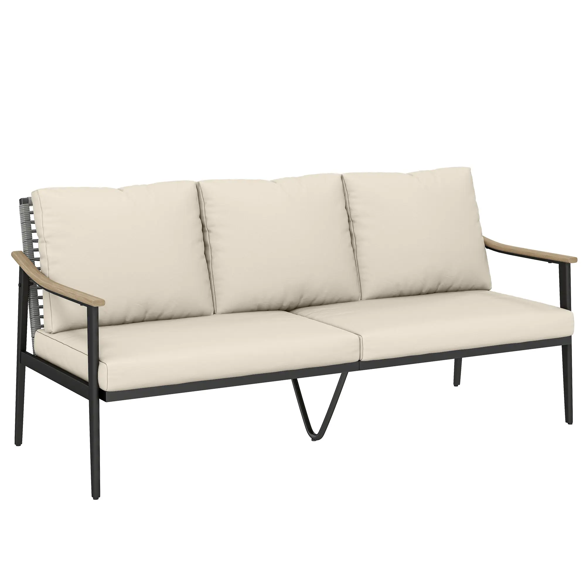 3-Seater Rattan Garden Sofa with Removable Cushions, Wood-Effect Armrests, Steel Frame, Weather-Resistant Outdoor Bench – Khaki