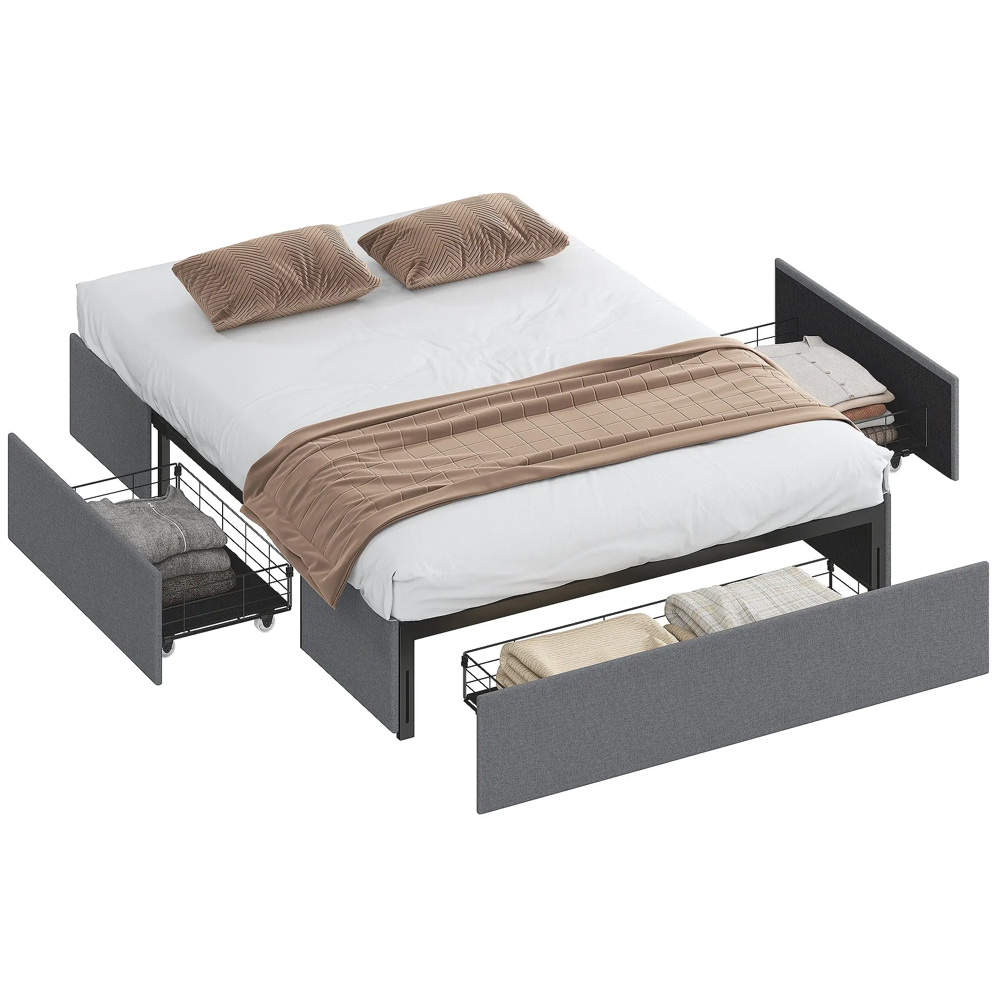 Upholstered Storage Bed 55 x 75 in (140 x 190 cm) – Double Frame with 3 Drawers, LVL Slats, Linen-Effect Fabric, Noise-Free, Adjustable Feet, Gray