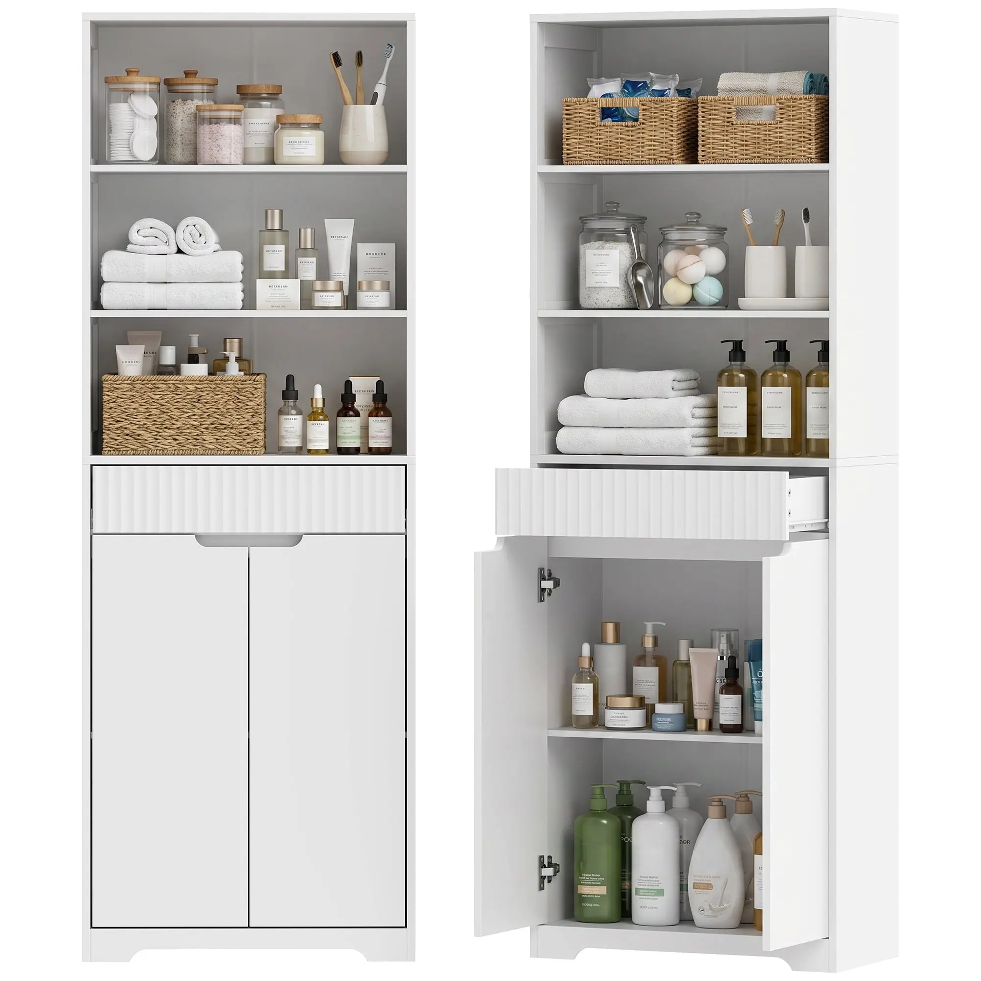 Tall Bathroom Cabinet with Soft-Close Doors, Drawer & Adjustable Shelves, Modern White, 24 x 11.8 x 67.3 in