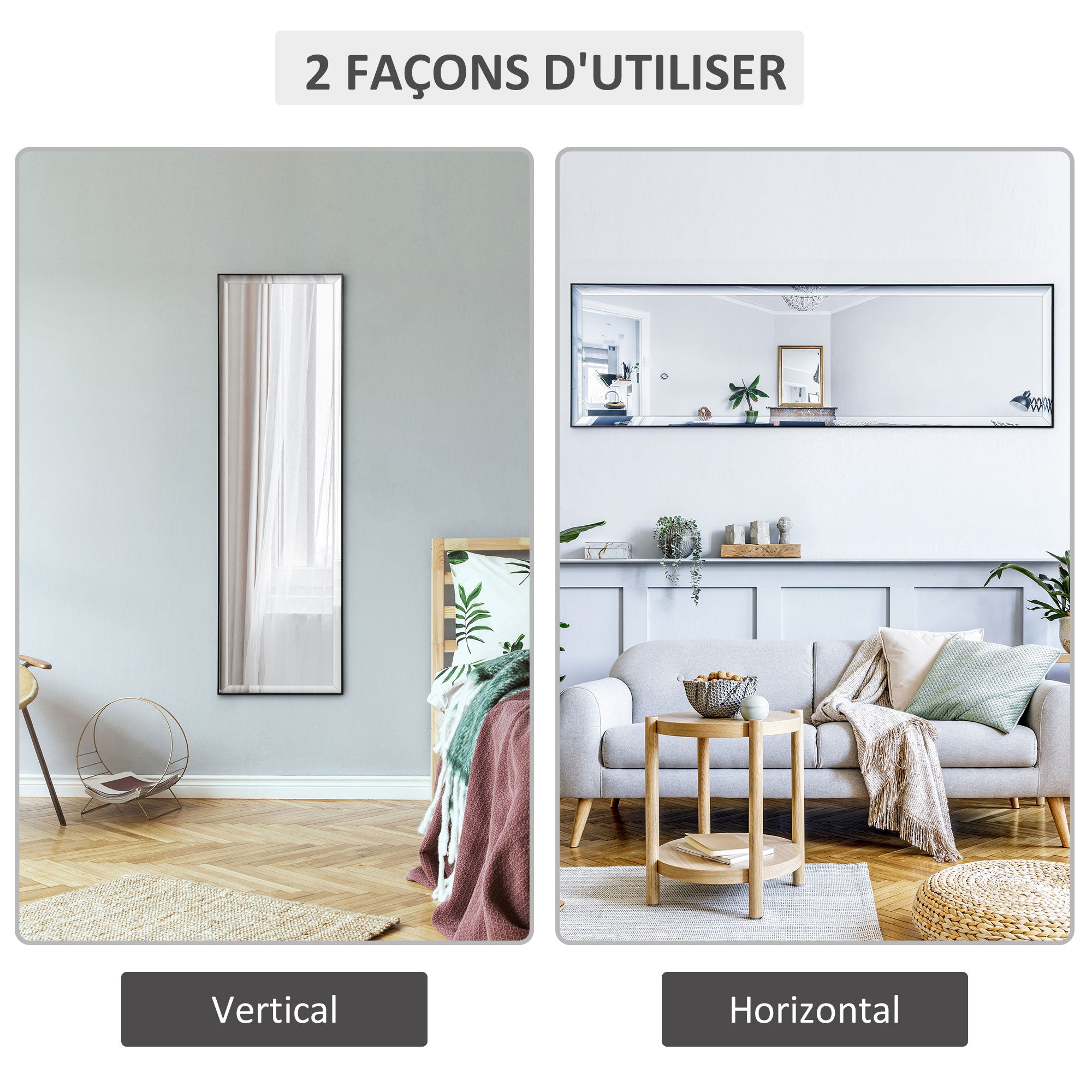 Miroir mural HOMCOM 120L x 35W cm - Film de sécurité incassable, système de fixation inclus - Cadre en aluminium noir