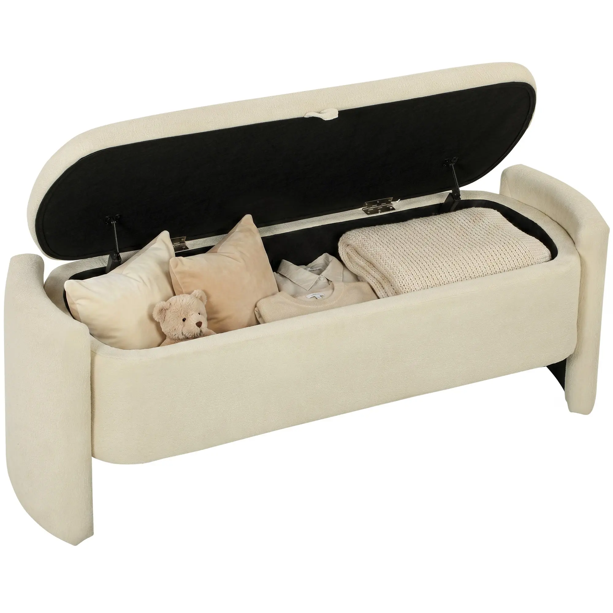 Bed-End Storage Bench, 118 x 42 x 45 cm (46.5 x 16.5 x 17.7 in) — Padded Bouclé Fabric with Eucalyptus Wood Legs, 220 kg (485 lb) Capacity, Bedroom or Entryway, Cream