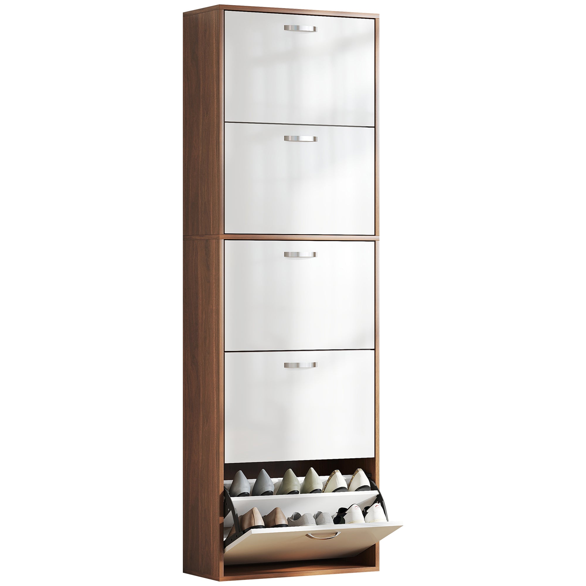 Slim Space-Saving 5-Level Shoe Cabinet for Maximum 30 Pairs with 2 Shelves per Level, MDF Shoe Rack, 60x28x189 cm, White and Brown