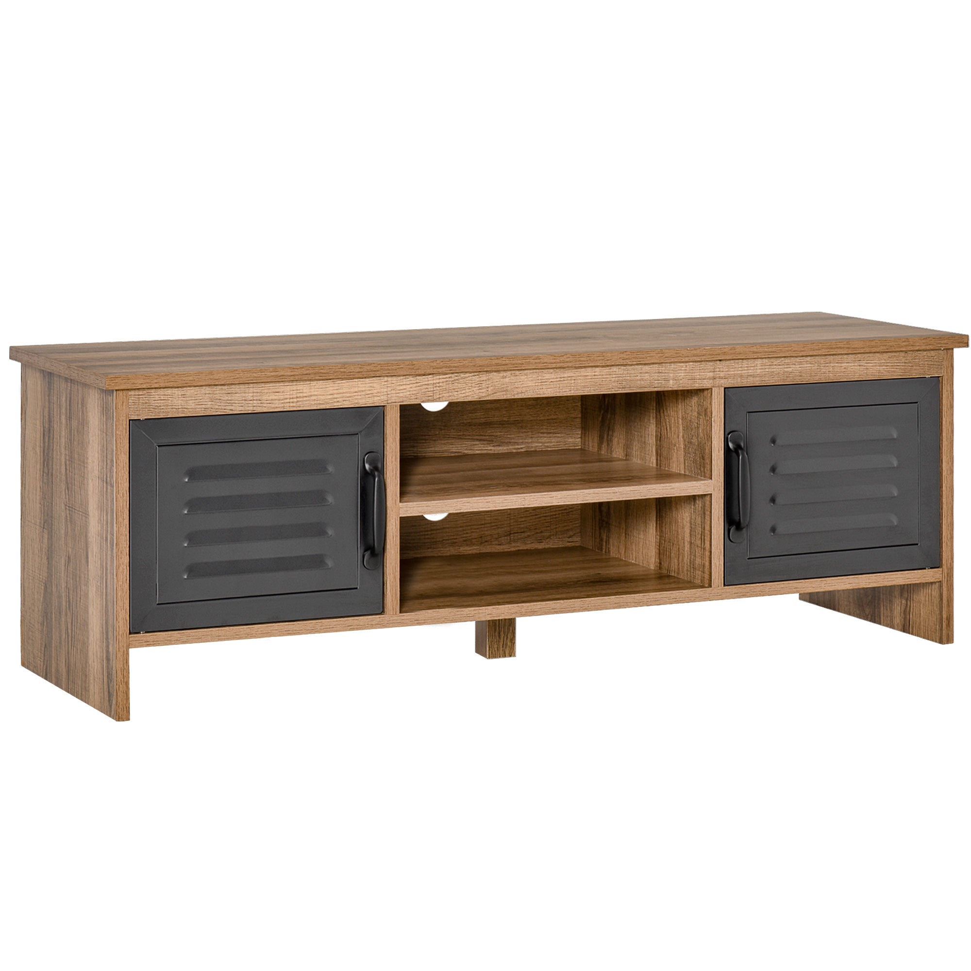 HOMCOM TV-Stand für 42" Fernseher mit 2 geschlossenen Fächern und Metalltüren sowie 2 offenen Regalen – Modernes Wohnzimmermöbel TV-Tisch 109x35x38 cm in Naturholz und Grau