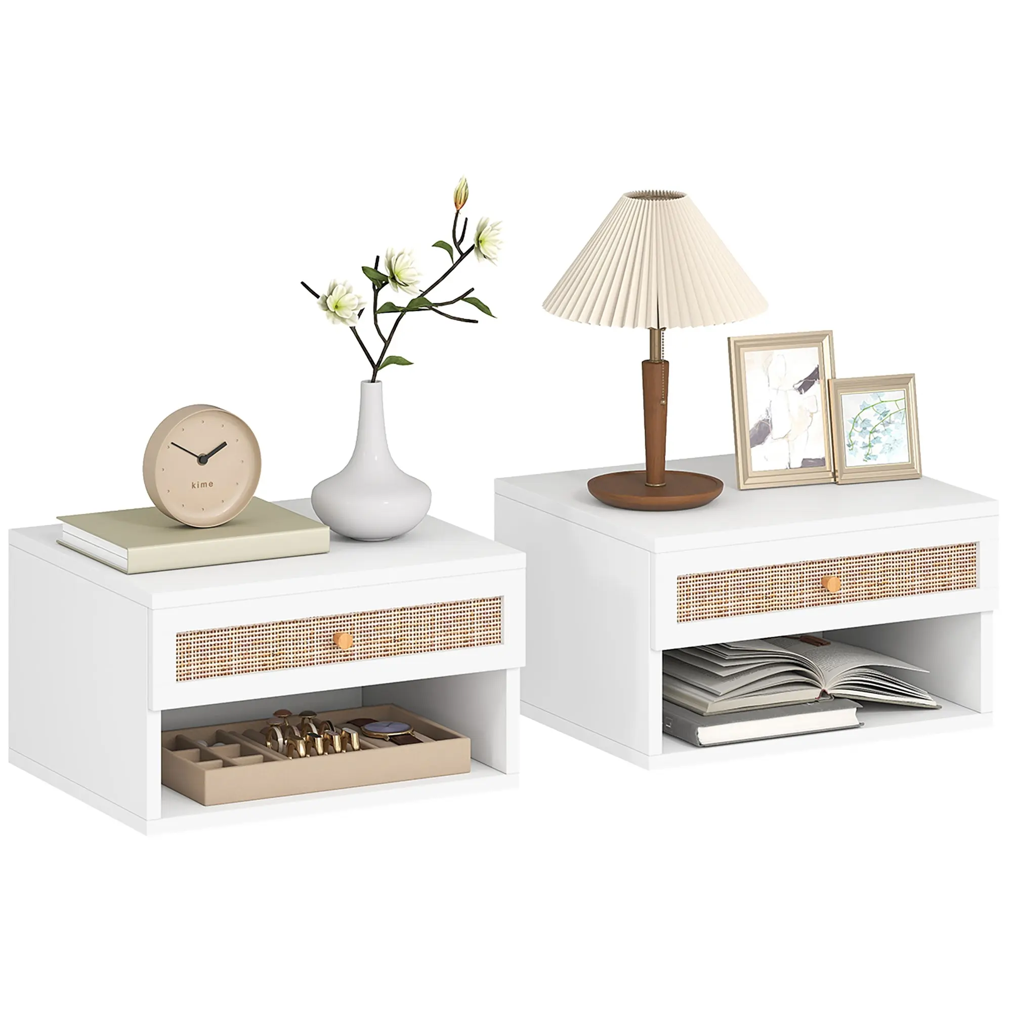 Set of 2 Wall-Mounted Floating Nightstands with Rattan Drawer & Open Shelf, Nordic-Style Bedside Tables for Bedroom or Living Room, 15.7 x 13.4 x 9.1 in, White