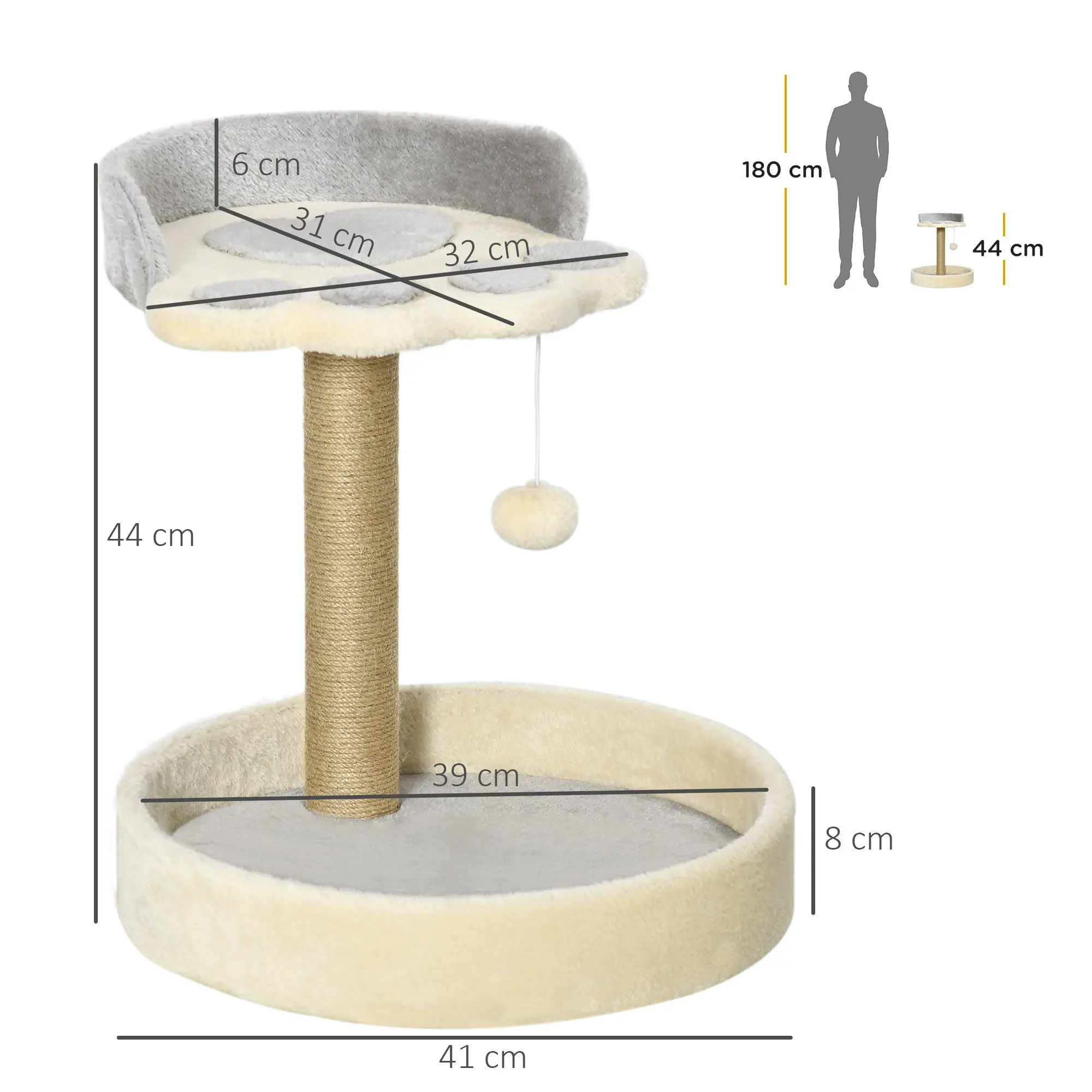 Cat Scratching Post Tree in the Shape of a Paw with 2 Platforms and a Hanging Plush Pompon - Gray