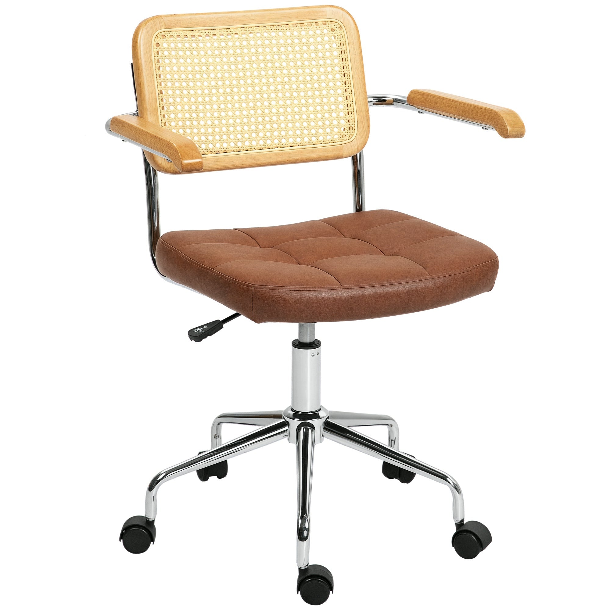 Swivel Office Chair Adjustable Height Desk Chair with Synthetic Rattan Backrest Rocking Function Study Chair Load 120 kg 60x55.5x82-90 cm Brown