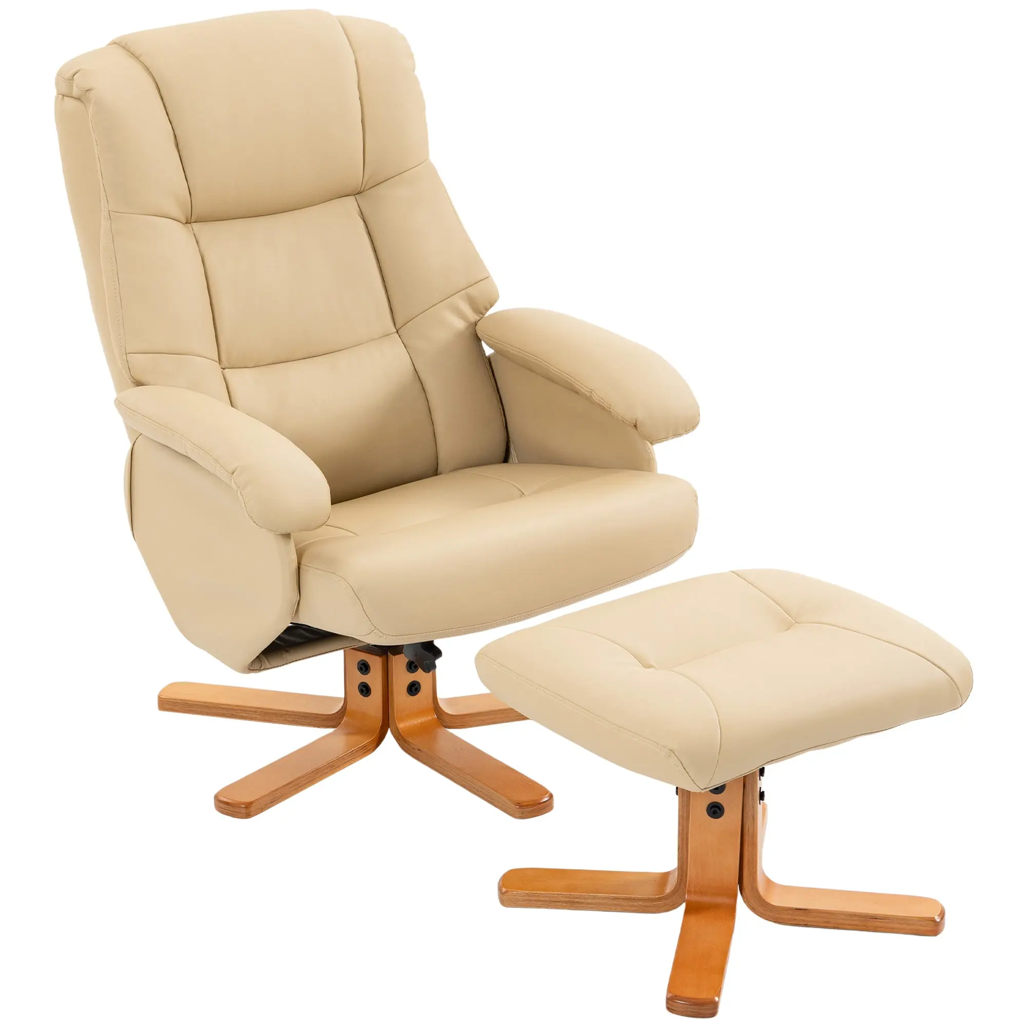 Recliner Chair with Ottoman — 360° Swivel, Up to 135° Recline, PU Upholstery, Beige