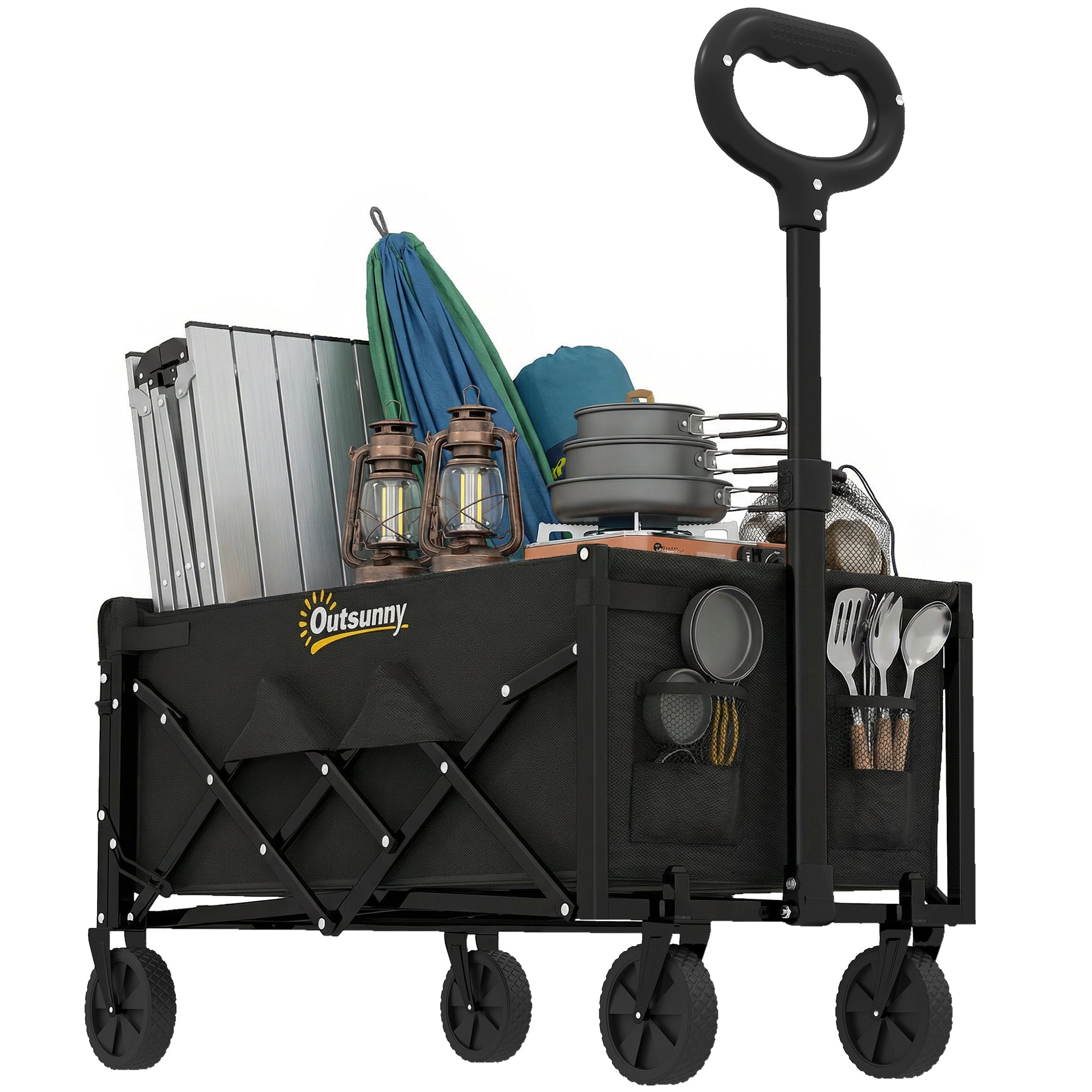 Outsunny 80 L zousammefaltbare Wägel mat teleskopeschem Grëff, Heckklapp & Becherhalter — Strand-, Gaart- & Transportwägel, 150 kg Tragkraaft, Schwaarz