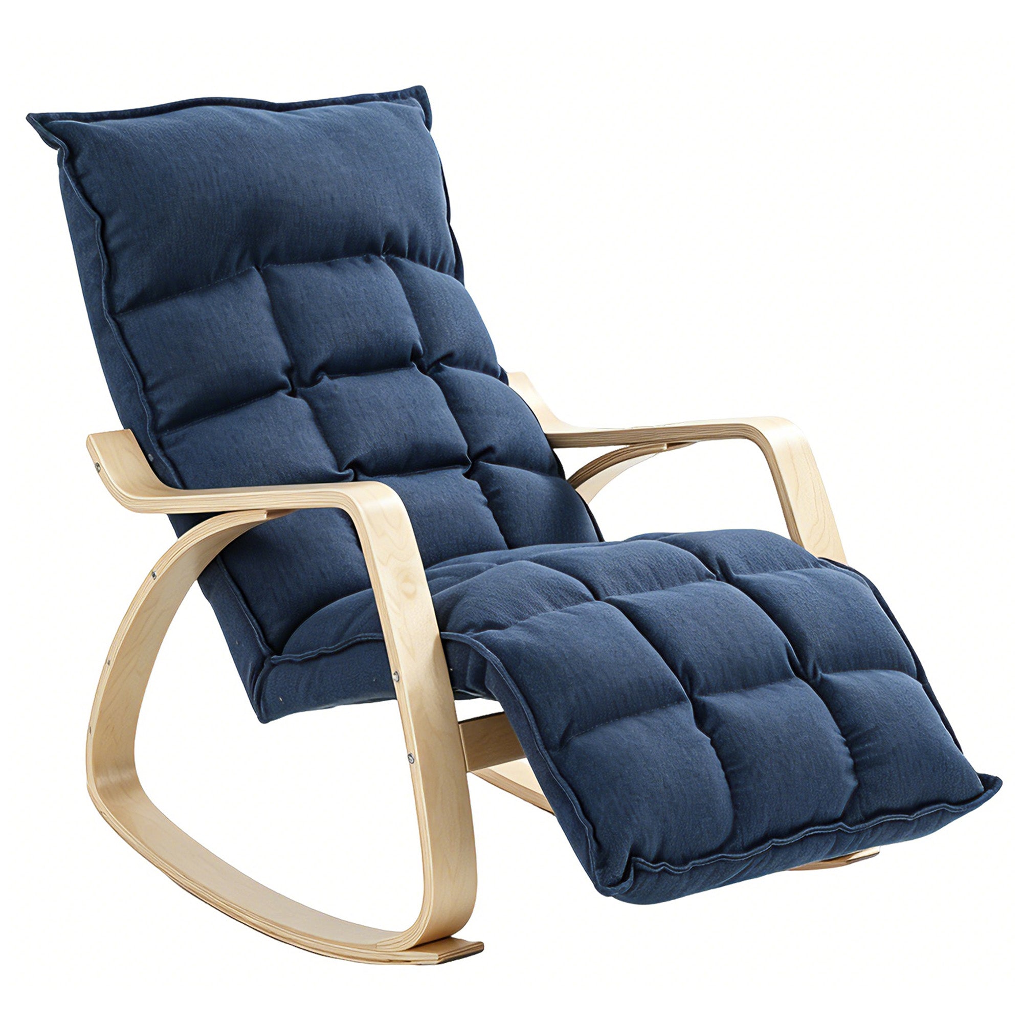 Rocking Armchair with Adjustable Footrest, Linen-Look Upholstery, Birch Veneer Arms, Check Quilting — Dark Blue