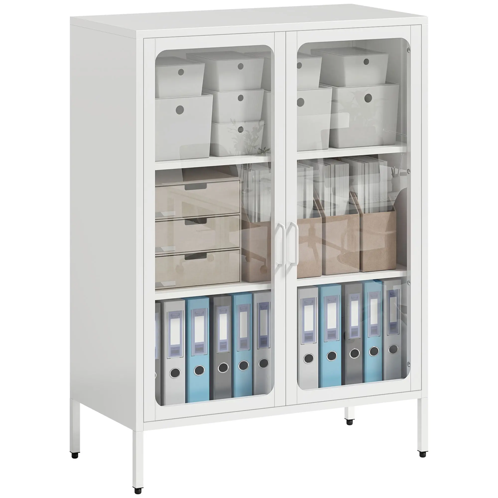 2-Door Tempered Glass Steel Filing Cabinet — Adjustable Shelves, Multipurpose Office & Home Storage, 31.5 x 15.7 x 43.3 in, White
