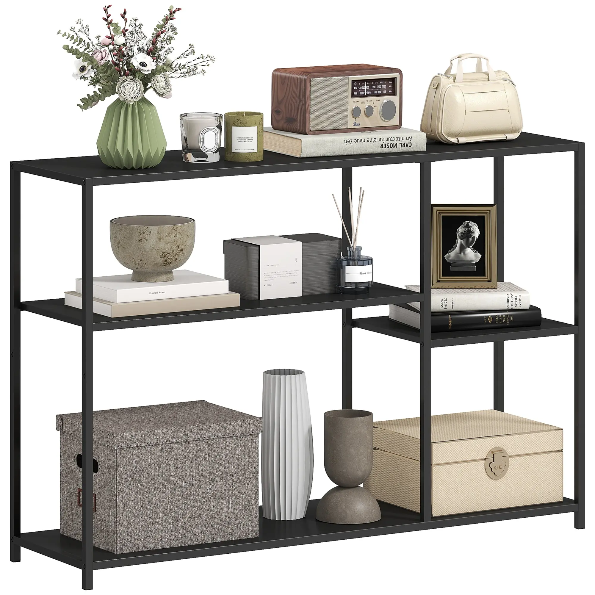 Console Table Hallway Table with 4 Shelves, Side Table with Steel Frame, Metal Shelf for Small Space, Entryway, Hallway, Living Room, 110 x 30 x 75 cm Black