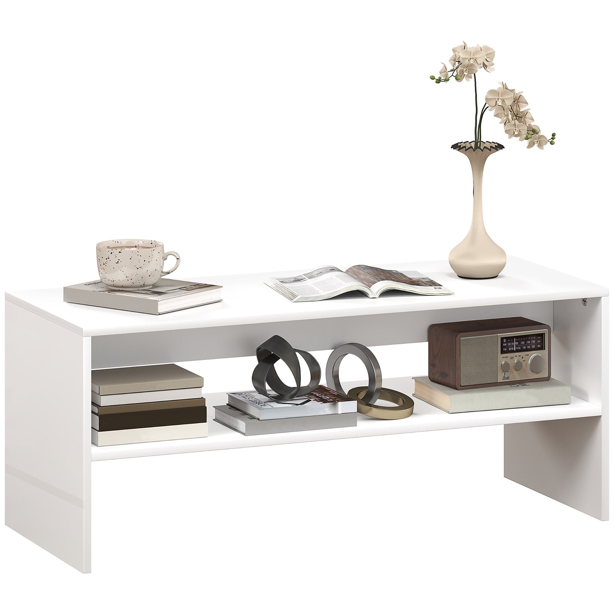 HOMCOM Kaffebord Sidebord med Åben Kompartment Centerbord til Stue Spisestue 100x40x41,5 cm Glænsende Hvid