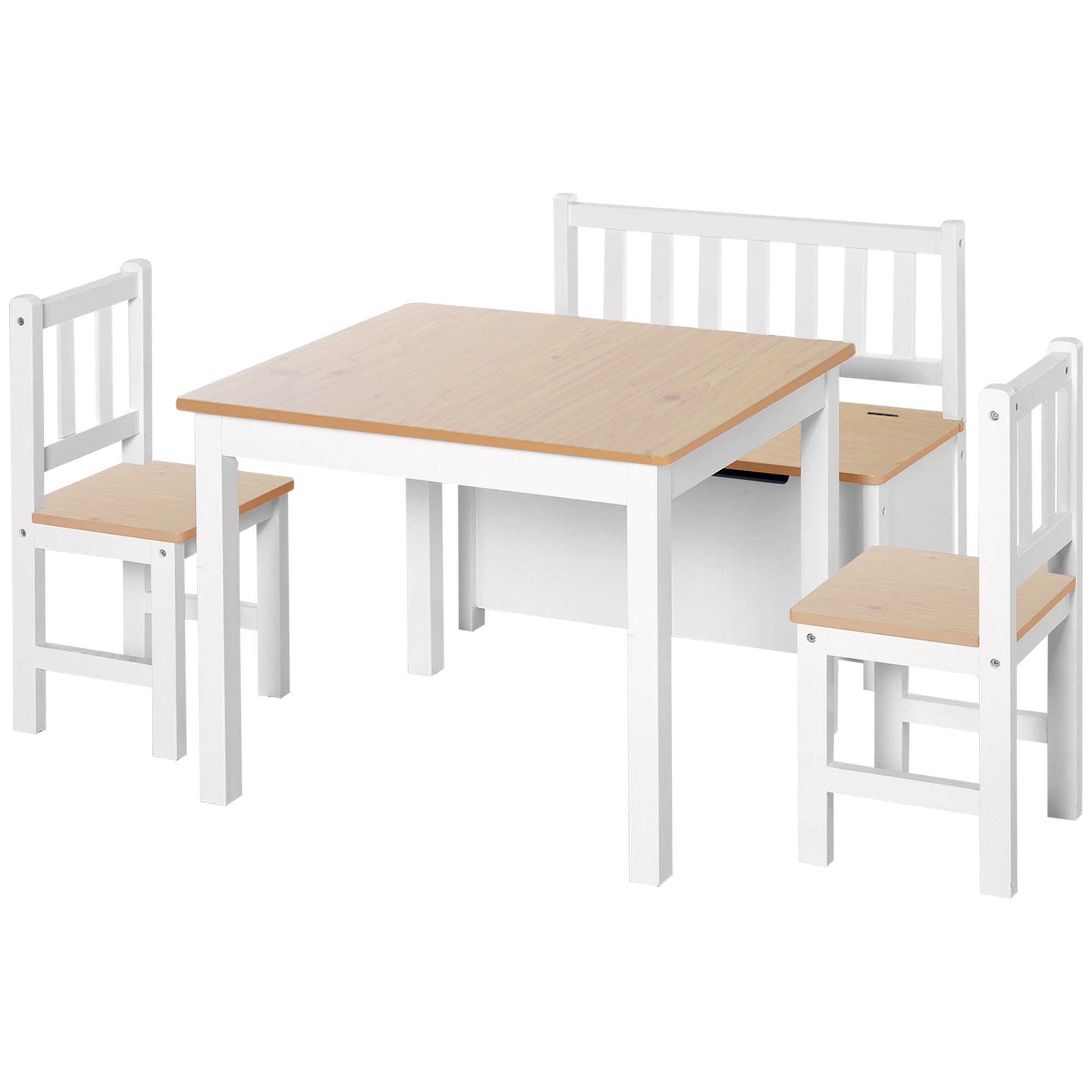HOMCOM Kinder Tisch- und Stuhl Set 4-teilig – Kindertisch mit 2 Stühlen und Aufbewahrungsbank für Kinderaktivitäten ab 3 Jahren für Schlafzimmer und Spielzimmer in Weiß und Natur