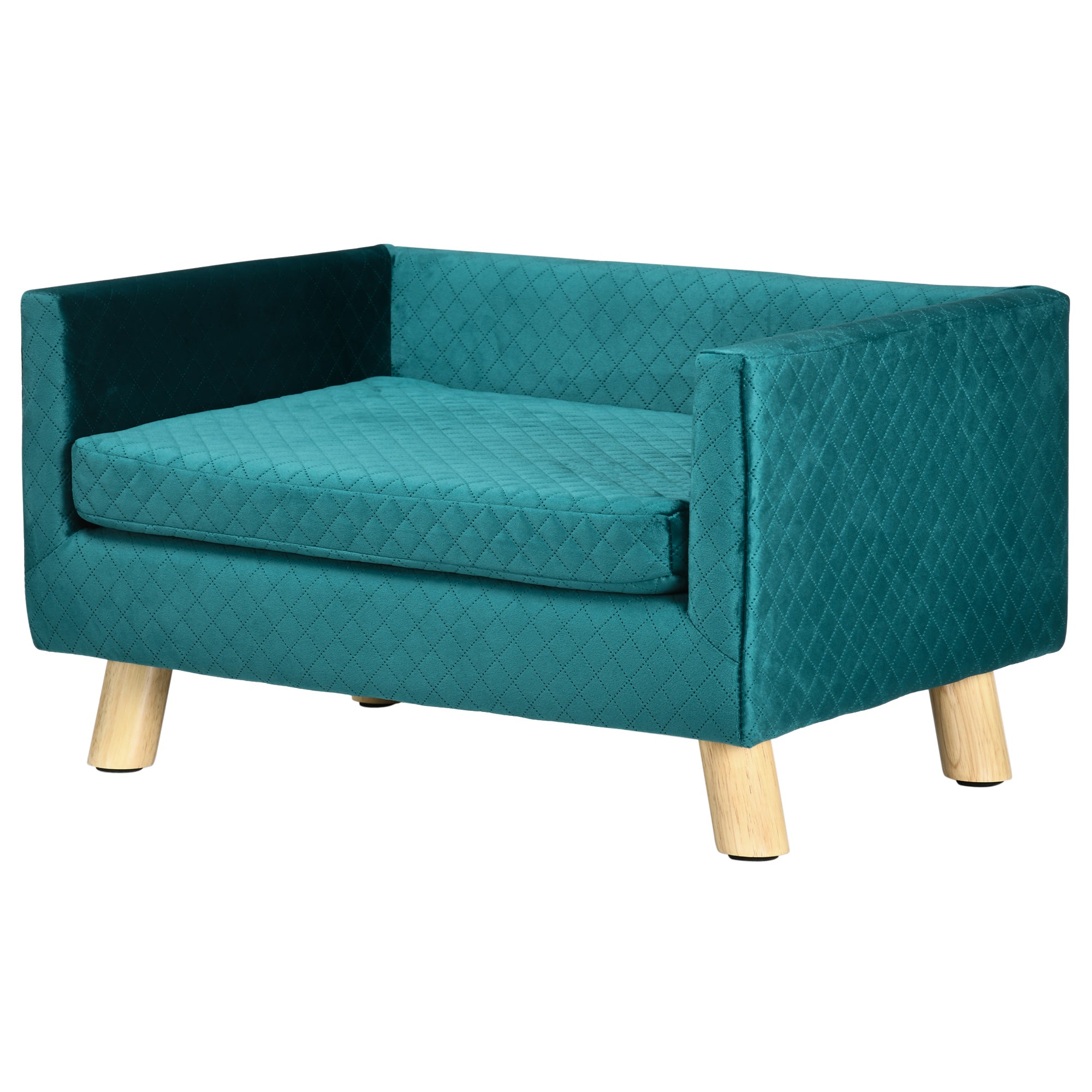 PawHut Honden Sofa Bed Scandinavisch Ontwerp Kussen Houten Poten 64 x 45 x 36 cm Marineblauw Fluweel