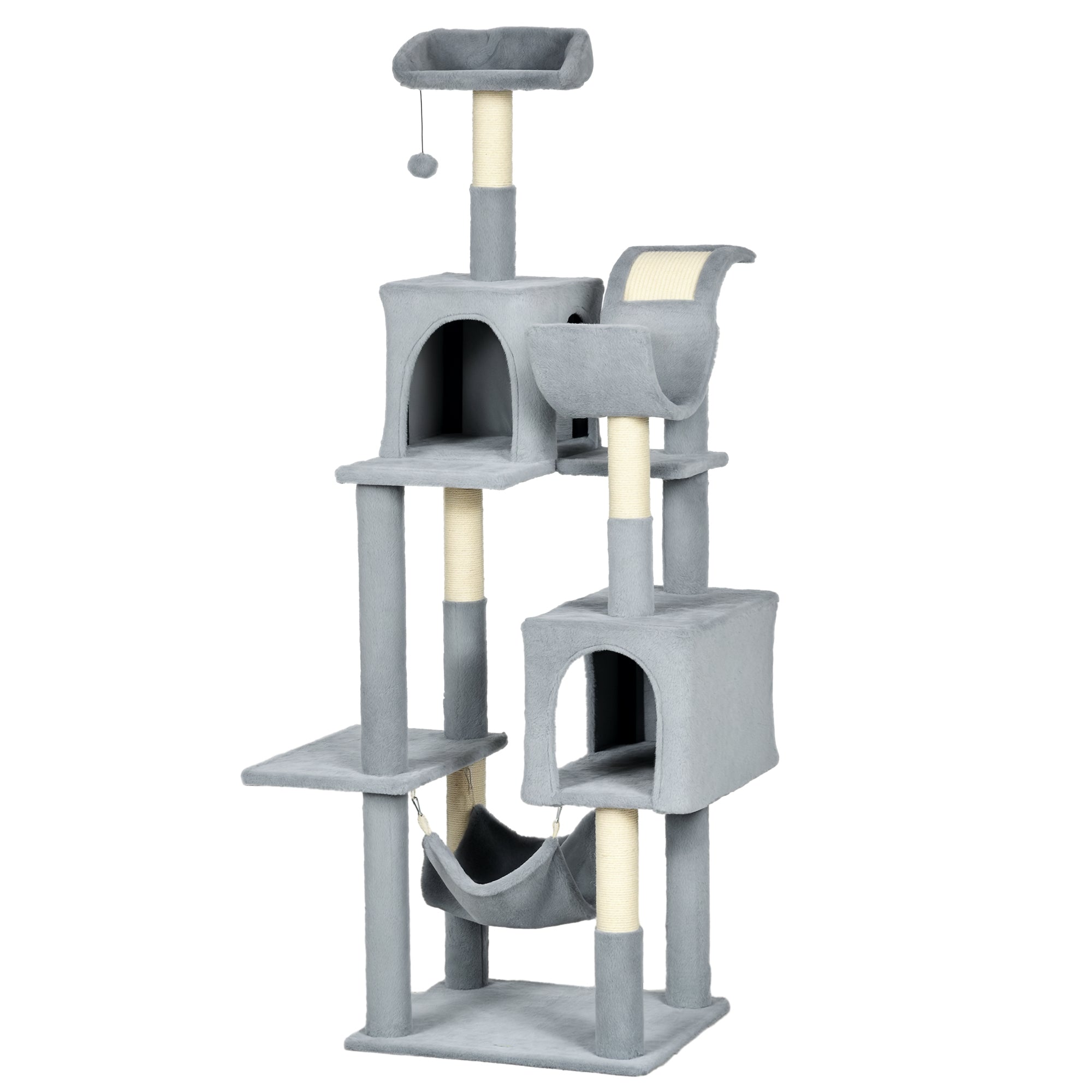 Cat Tree with Play Ball, Hammock, Bed, 2 Cottages, and Perches, Particle Board, Plush, and Sisal, 55x49x177 cm, Gray and White