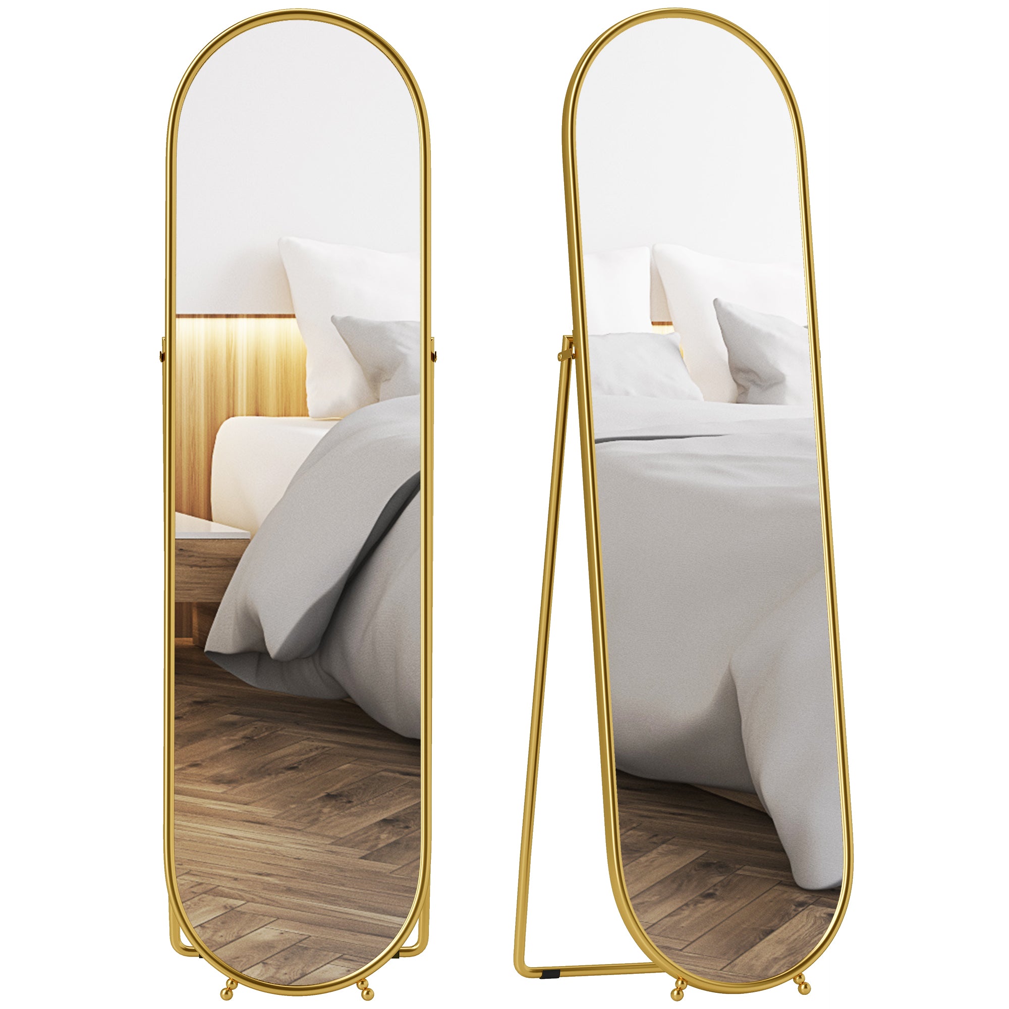 Oval Full-Length Freestanding Mirror, 19.7 x 70.9 in — Shatterproof Glass, Metal Frame & Stand, Gold — Bedroom, Living Room, Entryway