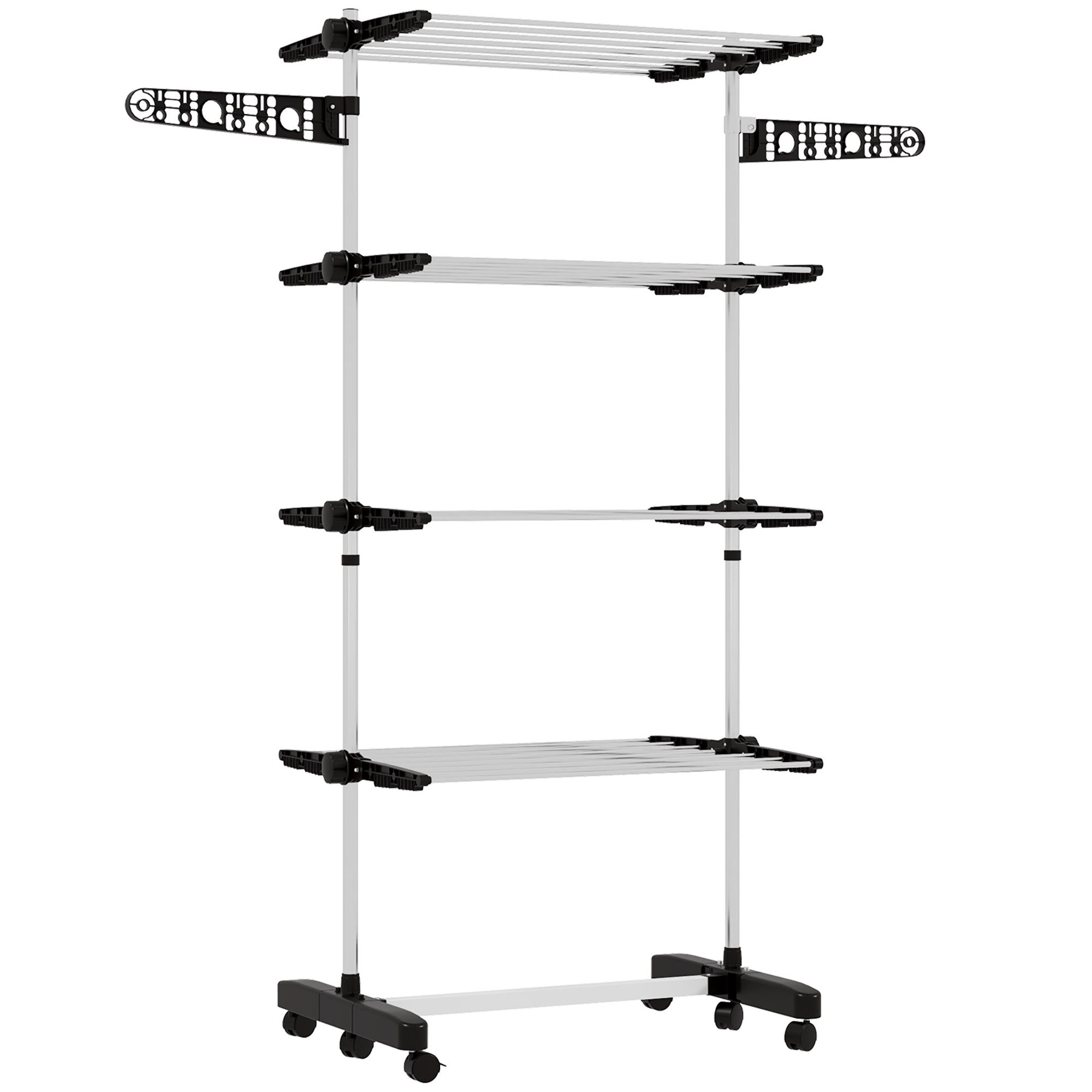 HOMCOM 4 szintes Törölköző Szárító Torony, Összecsukható Szárnyakkal, Kerekekkel, Belső és Külső Használatra, 142 x 55 x 172 cm, Fekete