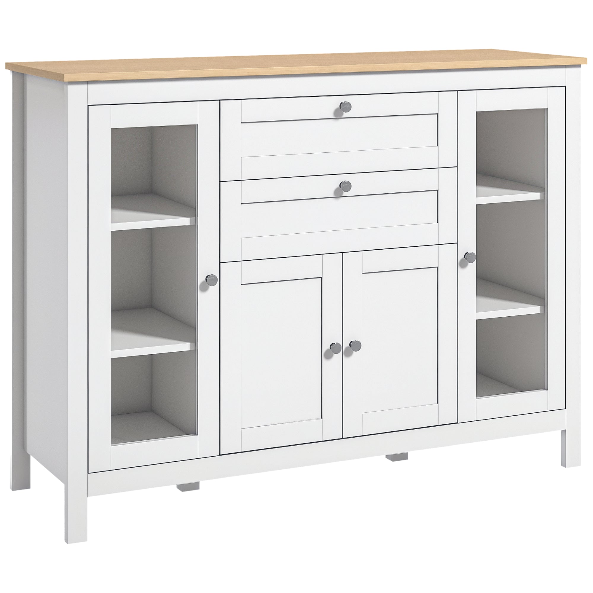HOMCOM Küchenschrank mit 2 Schubladen, 2 Glastüren und verstellbaren Regalen – Aufbewahrungsschrank für Esszimmer und Wohnzimmer 120x40x90 cm Weiß