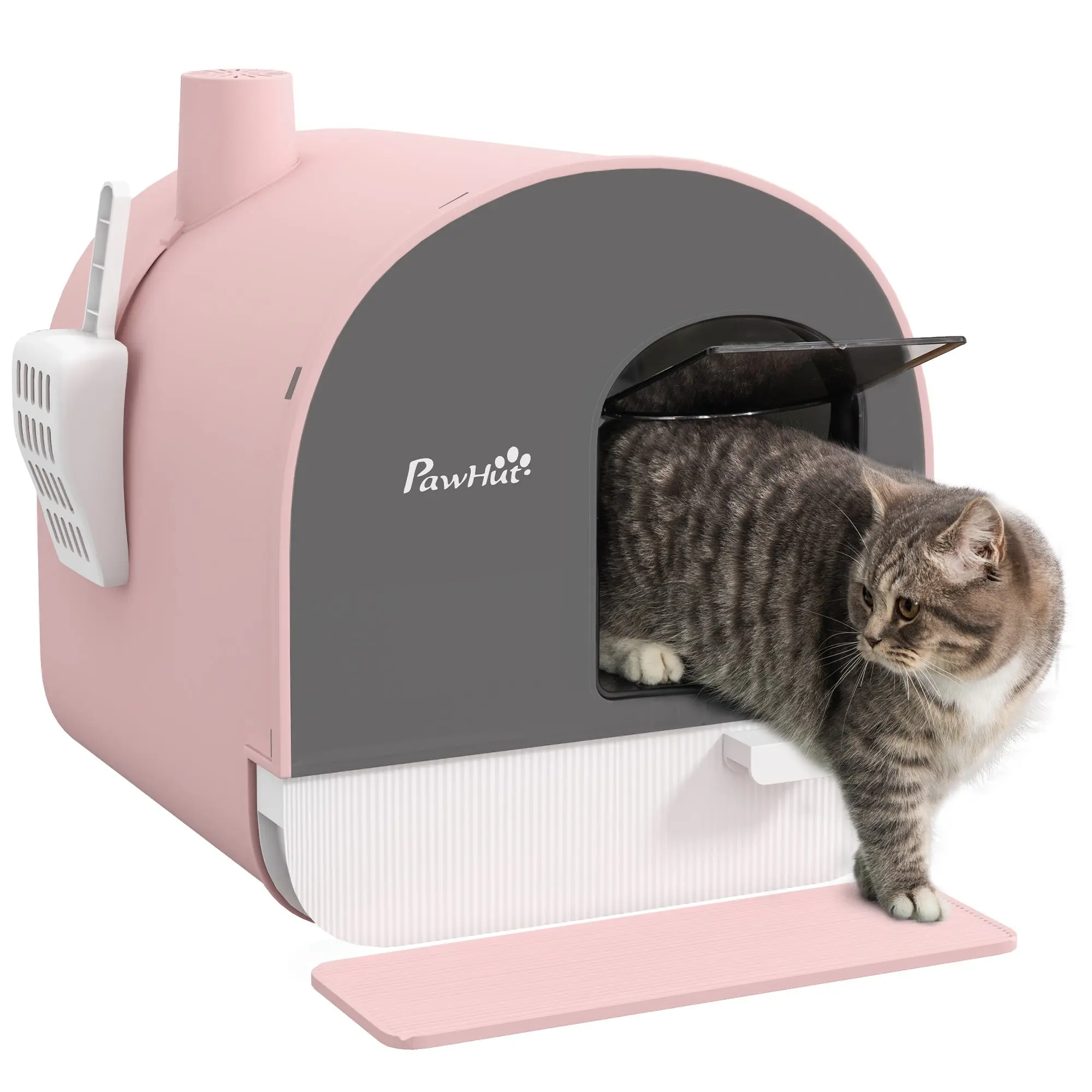 Cat Litter Box with Lid, Cat Toilet Including Scoop and Cat Litter Mat, Pull-Out Tray, Cat Litter Box for Large Cats, Pink, 43 x 44 x 47 cm