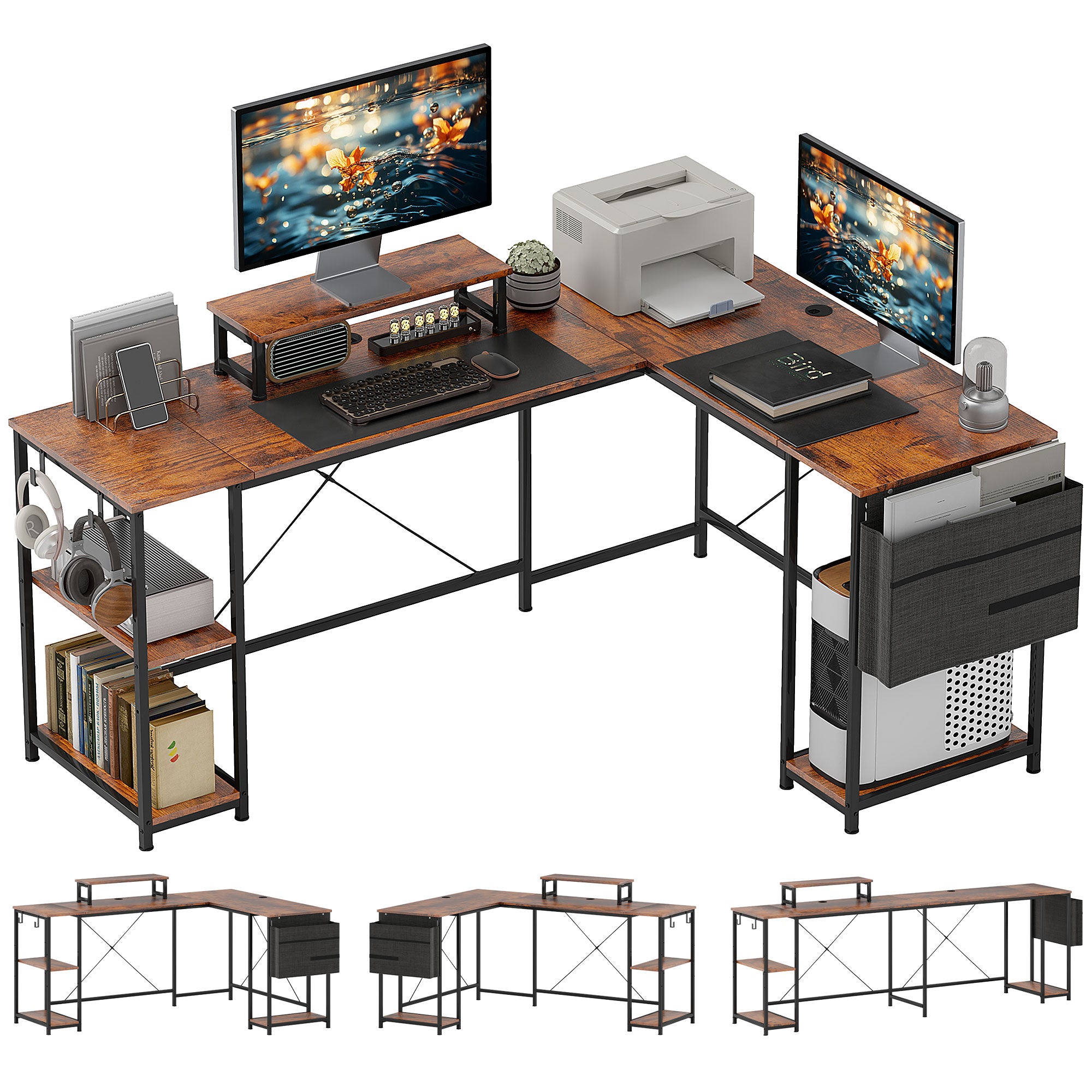 HOMCOM L-förmiger Schreibtisch mit Regal, Computer-Schreibtisch mit Monitorständer & 2 Haken, Wendbarer Gaming-Tisch, Eckschreibtisch für Büro, Schlafzimmer, 168 x 120 x 90 cm, Rustikalbraun