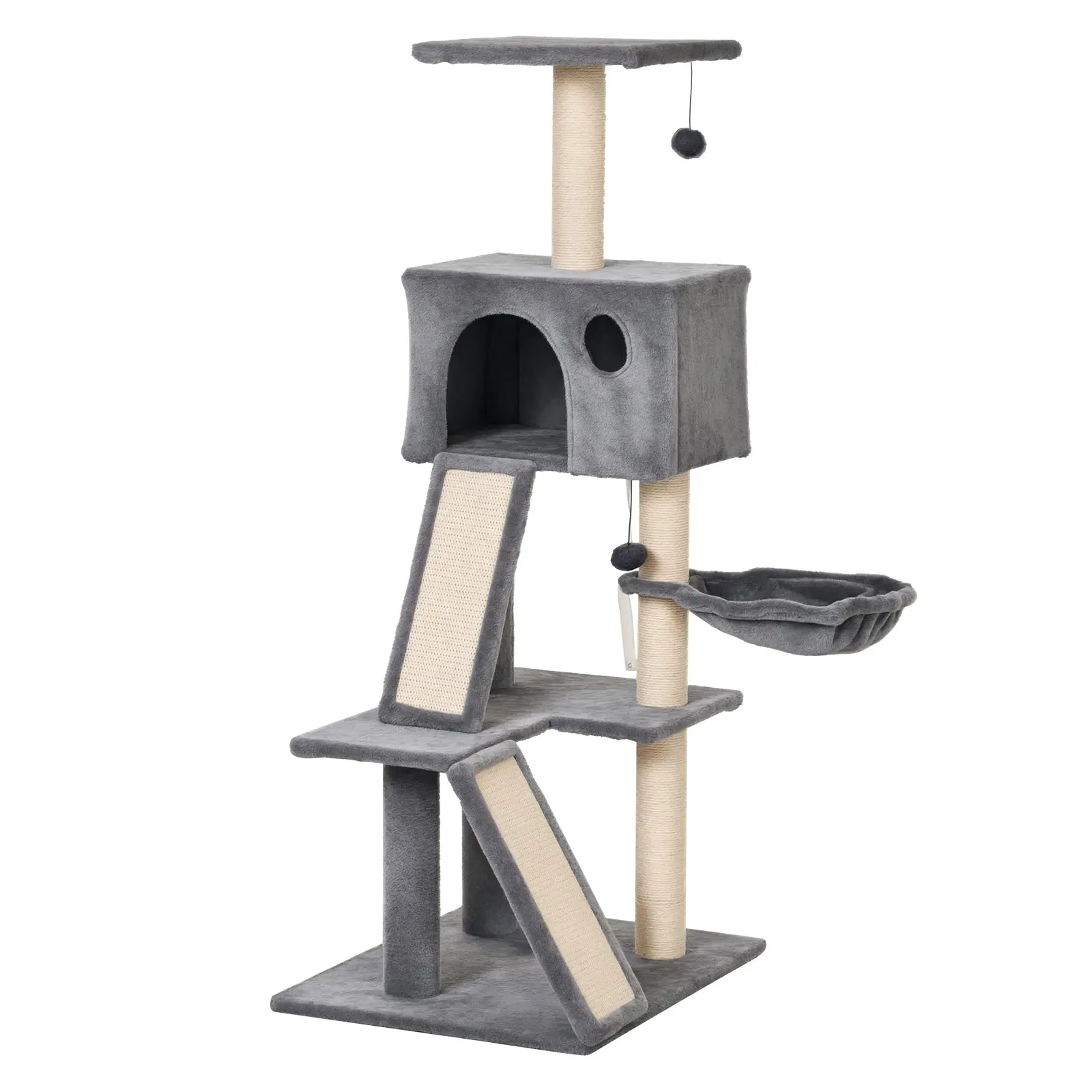 Cat Tree Tower 130cm, Multi-Level Cat Scratching Post with Condo, Hammock, Sisal Scratching Ramps, Plush Perches & Hanging Toys, Grey