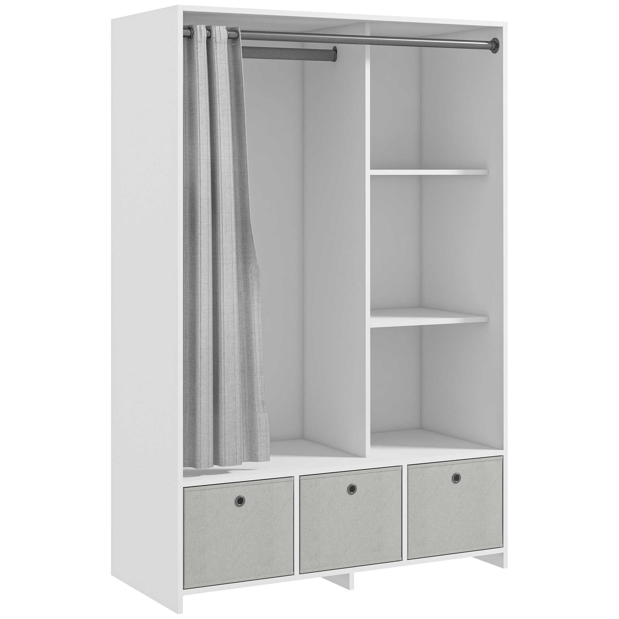 HOMCOM Kleiderschrank, Ankleidezimmer mit Vorhang, Schlafzimmer Kleiderschrank, Kleiderschrank mit Kleiderstange, 3 Fächer und 3 abnehmbare Stoffschubladen - 105 x 48 x 160 cm, weiß