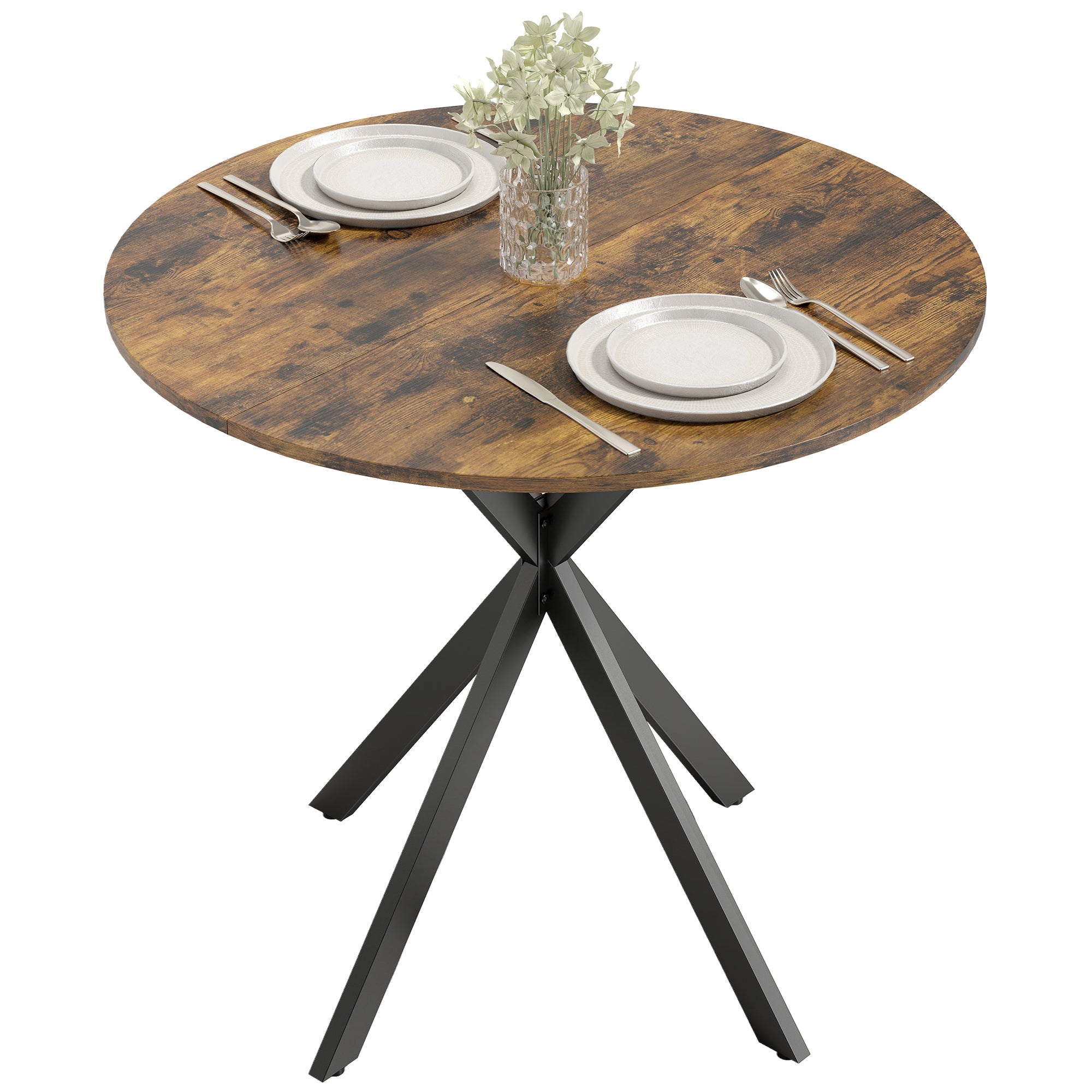 Round Dining Table (31.5 in ?) Industrial Style with Steel Legs — Kitchen, Dining, Home Office, Rustic Brown
