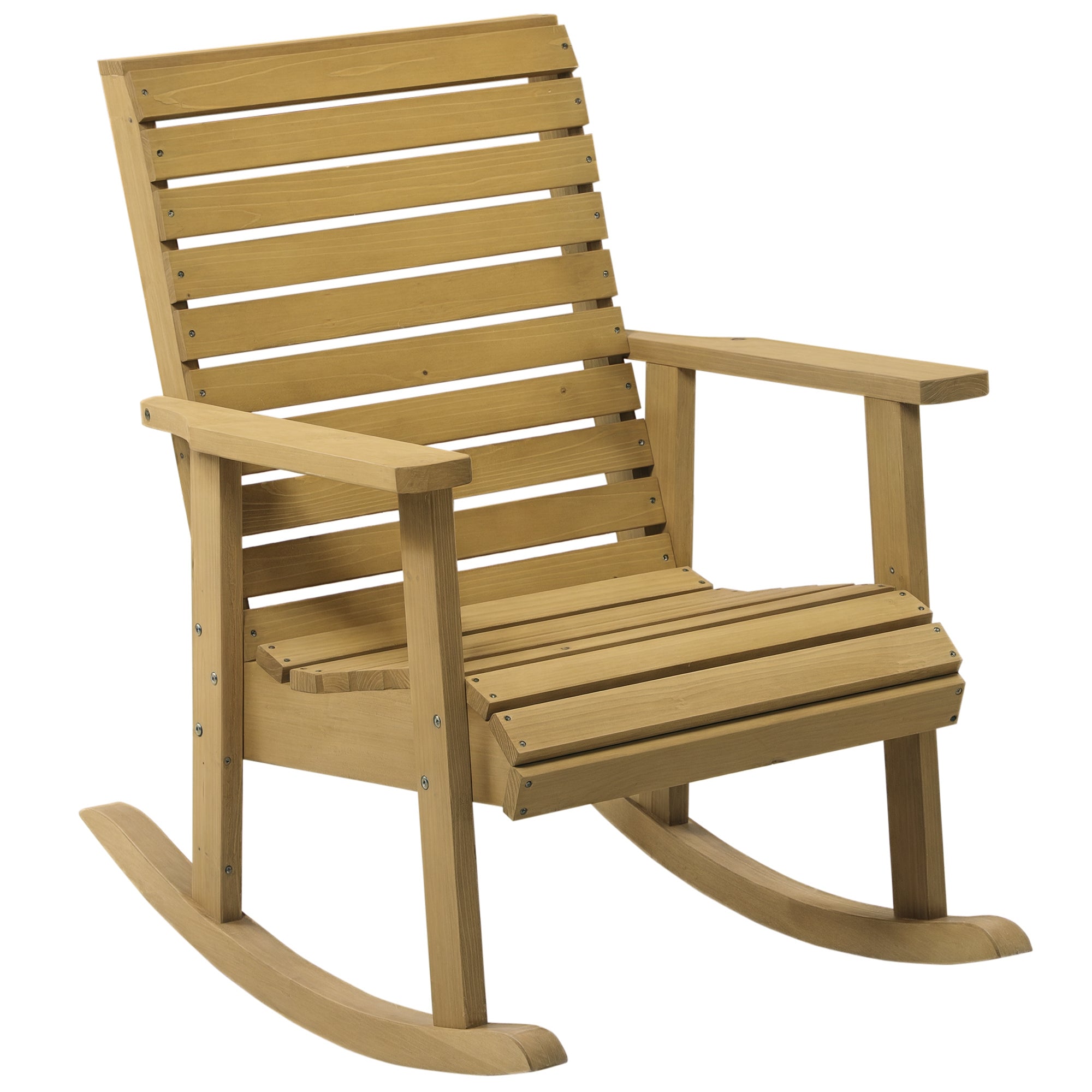 Outdoor Wooden Rocking Chair, Pine Wood Garden Rocker Chair with Armrests, High Backrest, Slatted Seat, 35° Gentle Rocking, 130 kg Capacity, Light Brown, 64 x 86 x 85 cm
