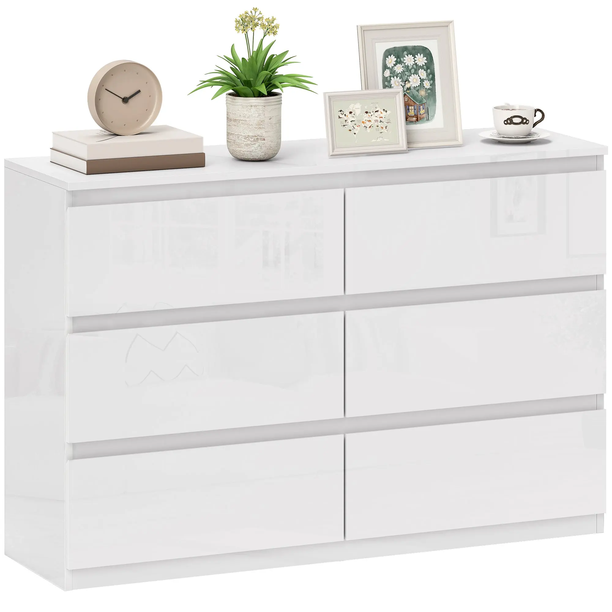 6-Drawer Dresser, Bedroom Chest, Drawer Unit for Living Room, Office, Hallway, Modern Handleless Style, Anti-Tip, 44.1 x 13.4 x 29.5 in (112 x 34 x 75 cm), Gloss White