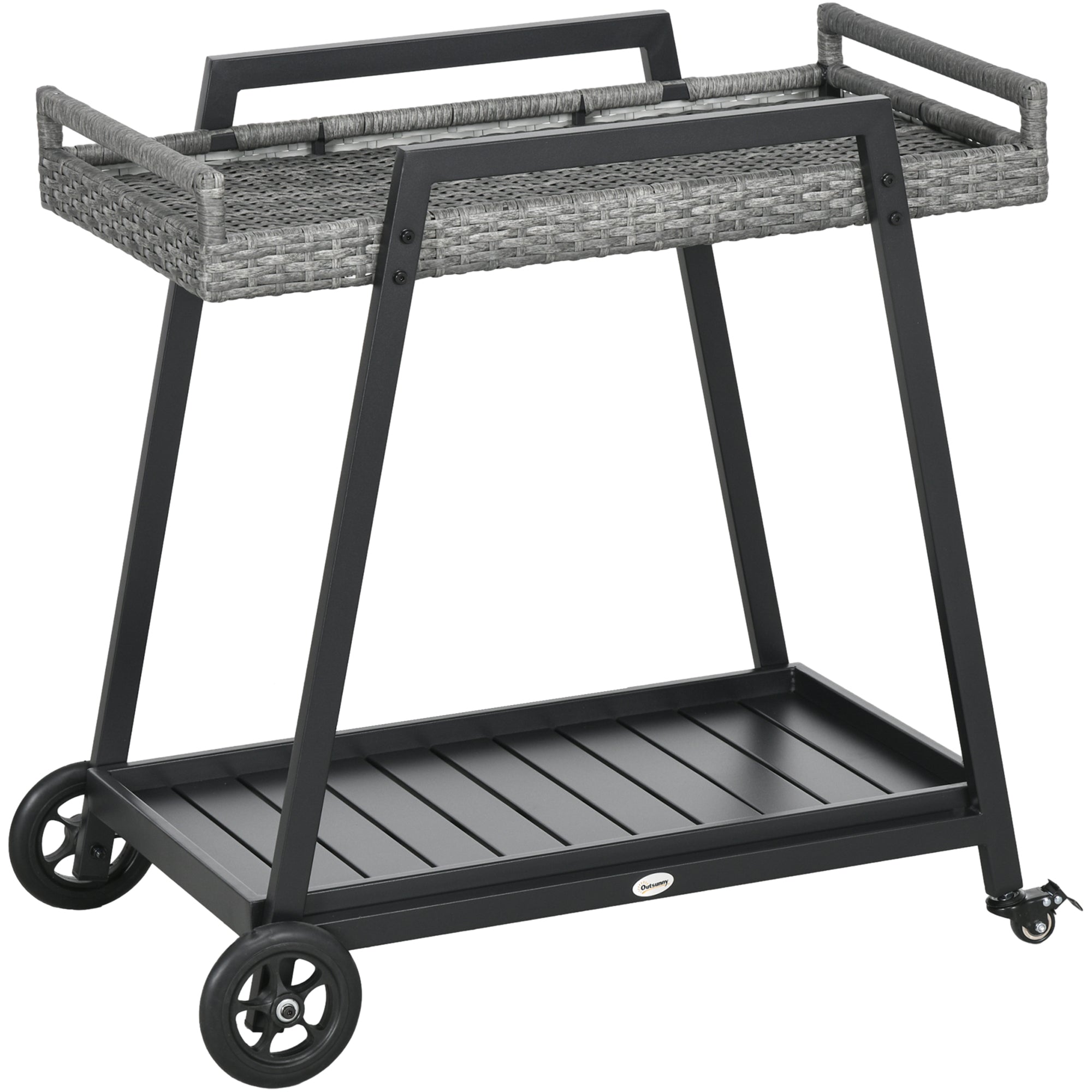 Rattan Serving Cart Trolley with Shelf, Garden Rolling Cart, Kitchen Cart with Handles, Bremen, Outdoor Bar Cart for Balcony, Steel, Grey