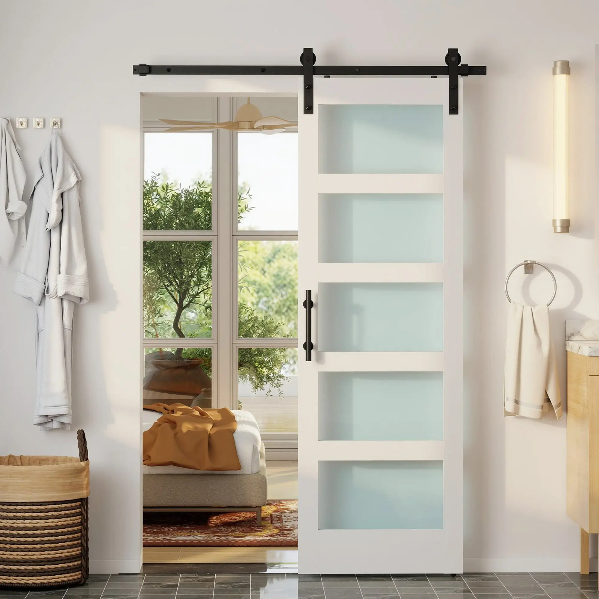 Interior Sliding Door with Hardware, MDF & Frosted Glass, 71.2 x 213.4 cm (28.0 x 84.0 in) — Includes Roller, Track & Floor Guide, White