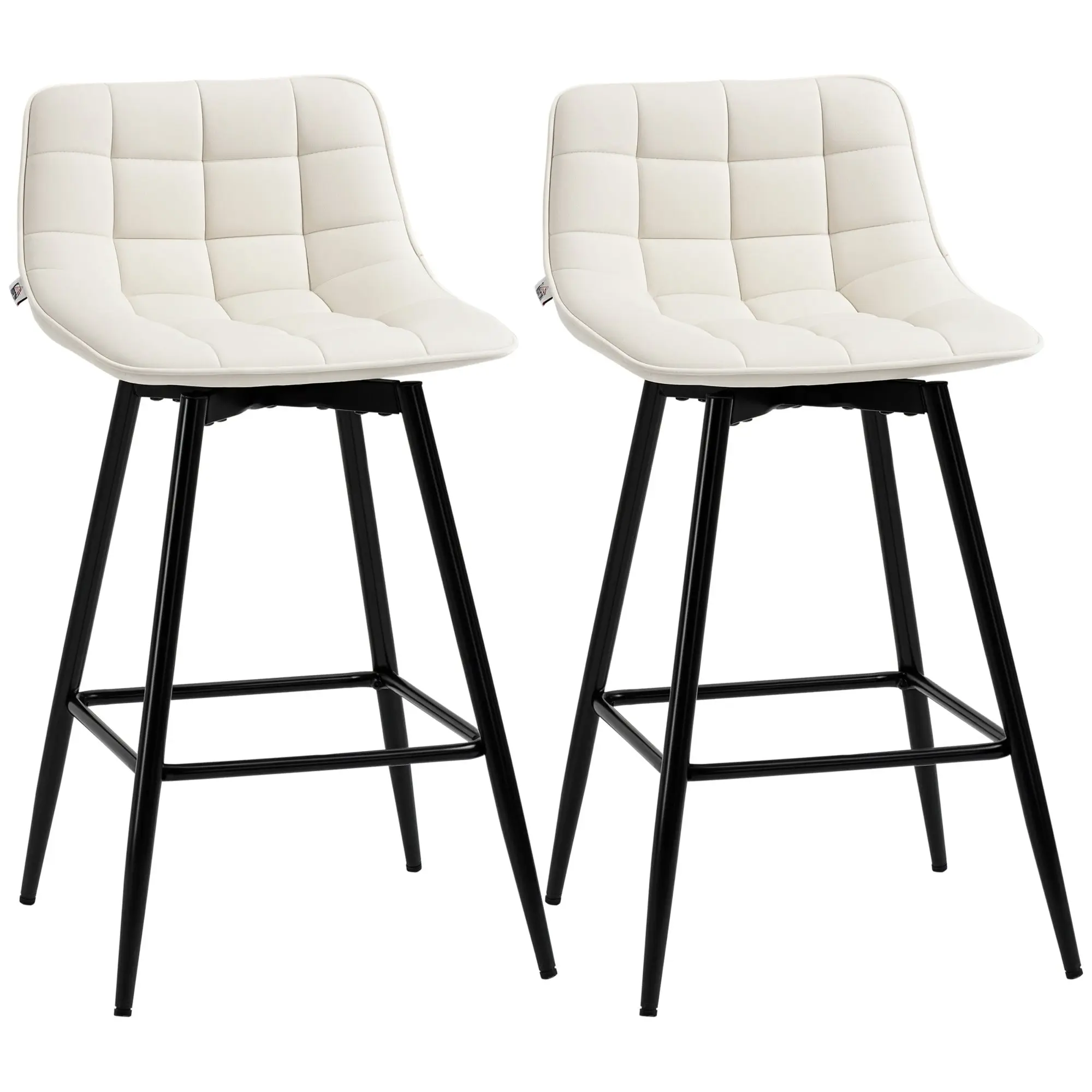 Set of 2 High Stools in Nordic Style with Backrest and Footrest, Stools with Velvet Effect Fabric and Metal Backrest, 45x47x84 cm, Cream