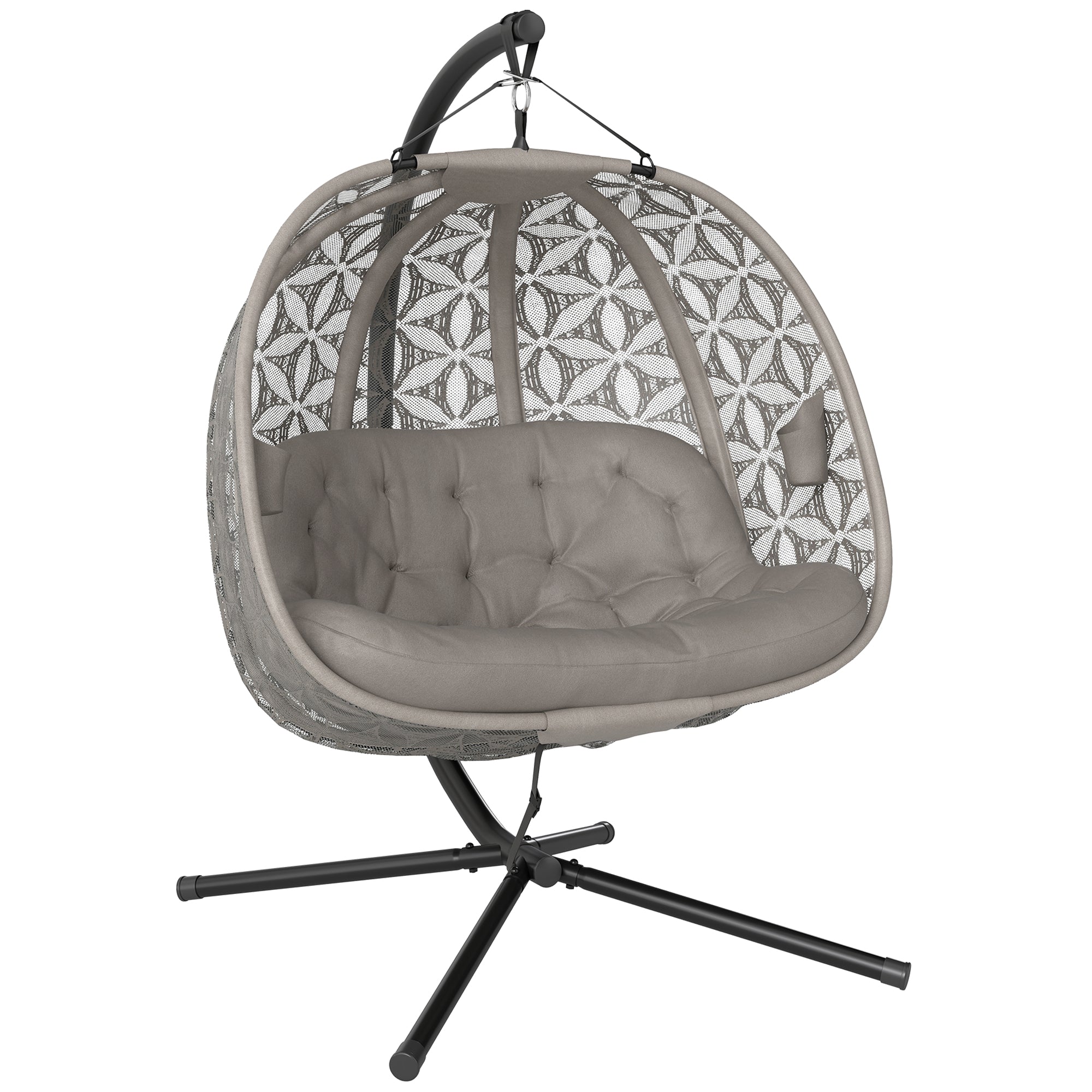 Outsunny klappbarer XXL Hängesessel mit Gestell — 2‑Sitzer Hängekorb‑Schaukel, dicke Polsterung, Getränkehalter & Sicherheitsgurt — Indoor/Outdoor, Sand (bis 240 kg)