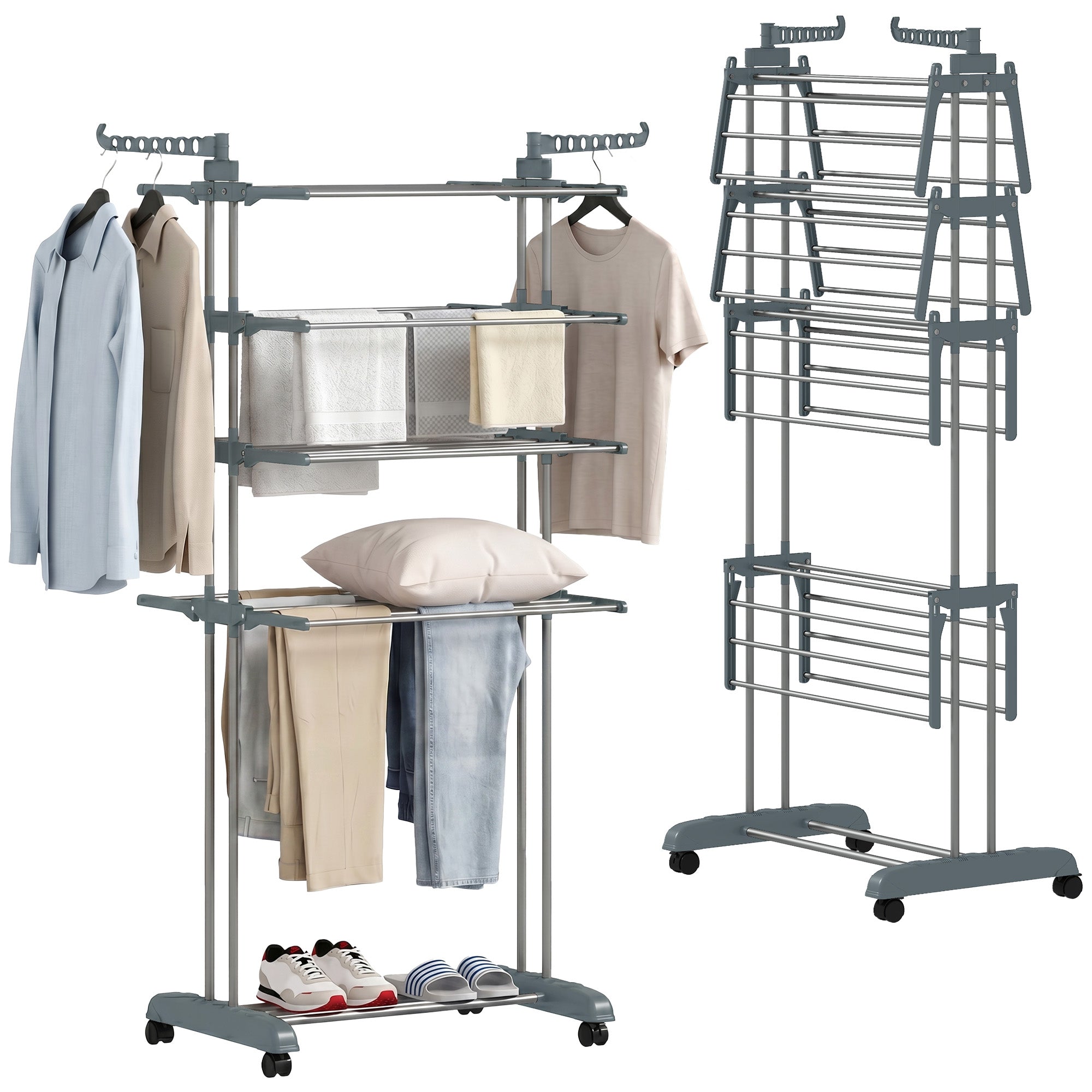 5-Tier Foldable Vertical Drying Rack with Wheels, Adjustable Shelves, Steel Frame – Gray