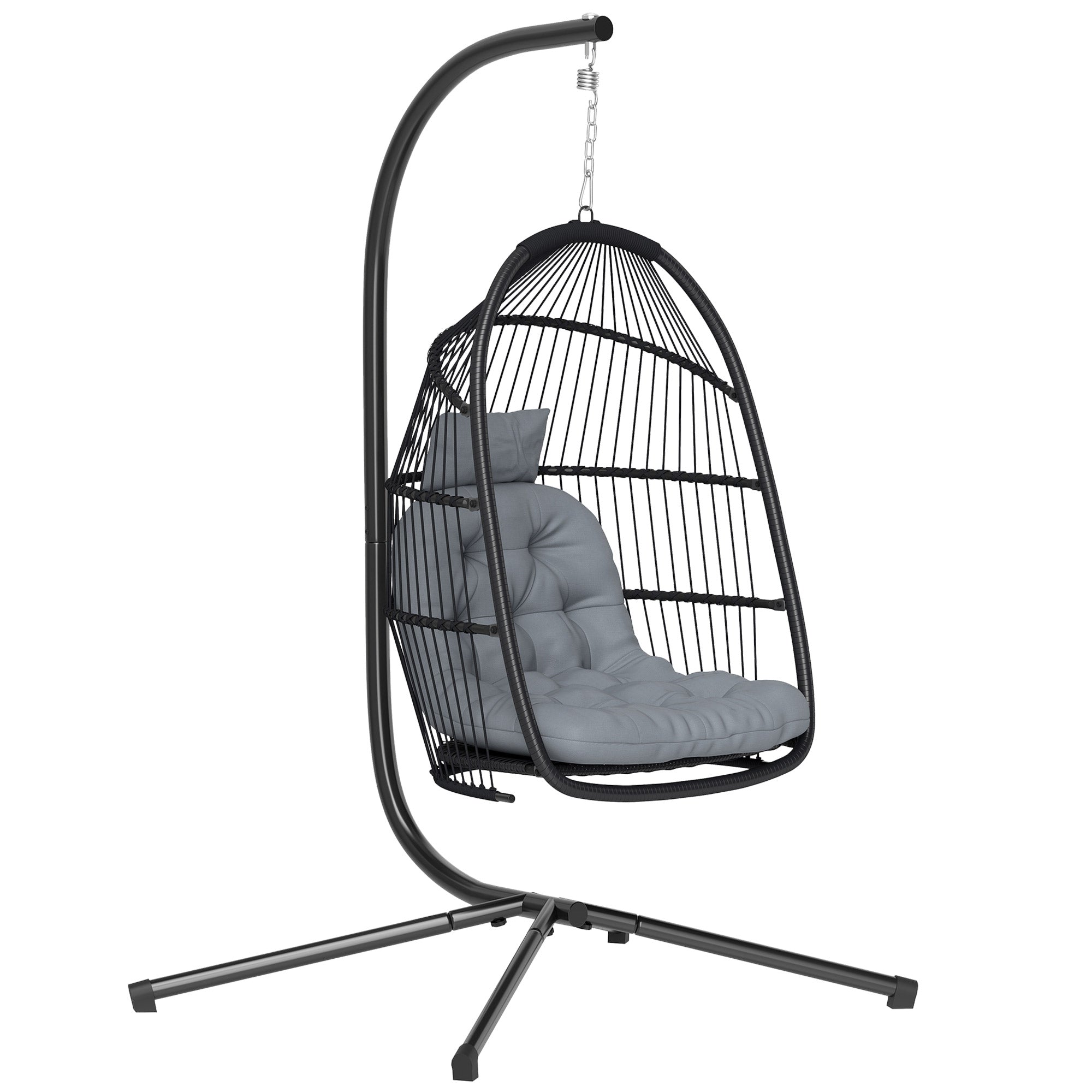 Outsunny Eierfërmege Hängestull mam Stänn – Zesummeklappbar PE-Rattan mat UV-bestännegem Këssen a ofnehmbarem Nackenkëssen, 150 kg, Donkelgriis