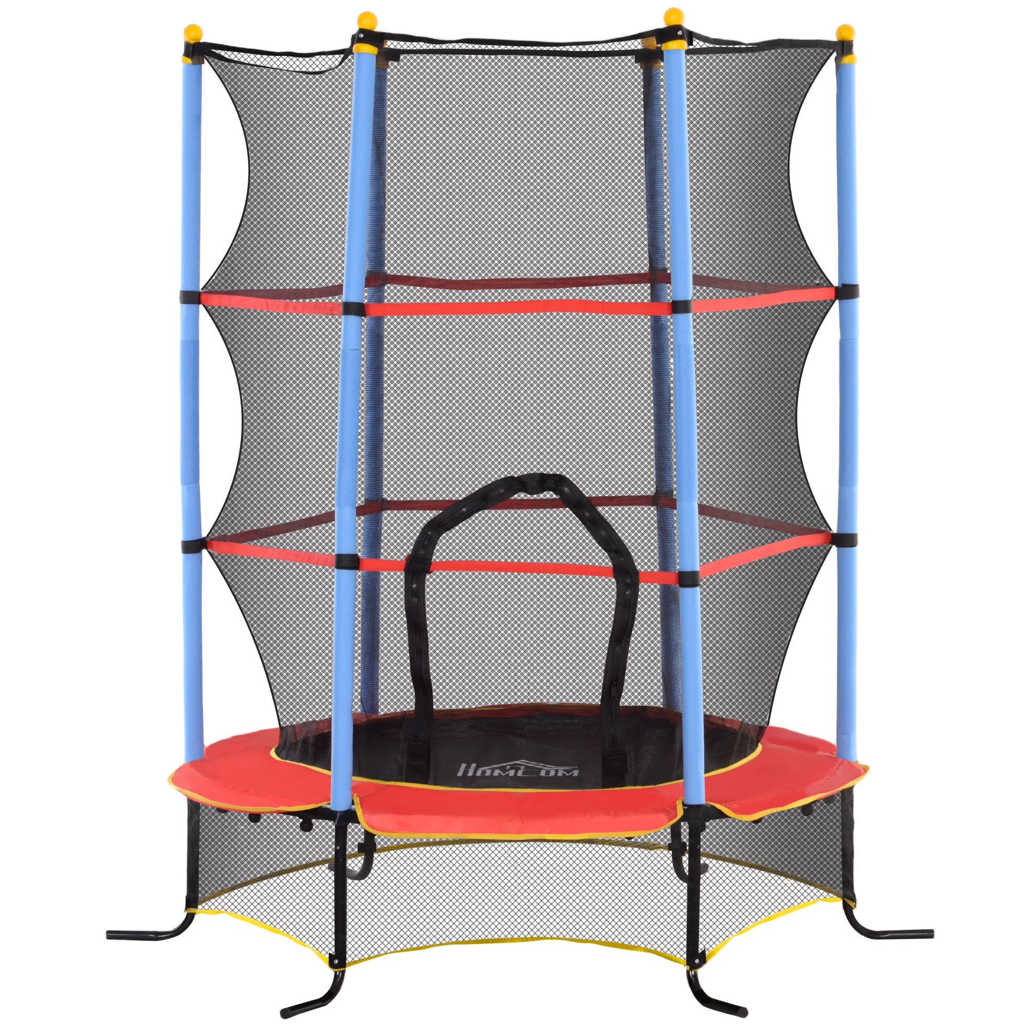 Trampoline pour Enfants HOMCOM Ø 1,75 × 1,90H m Avec Filet de Sécurité et Porte Zippée, 6 Poteaux Rembourrés Inclus Noir Rouge Bleu