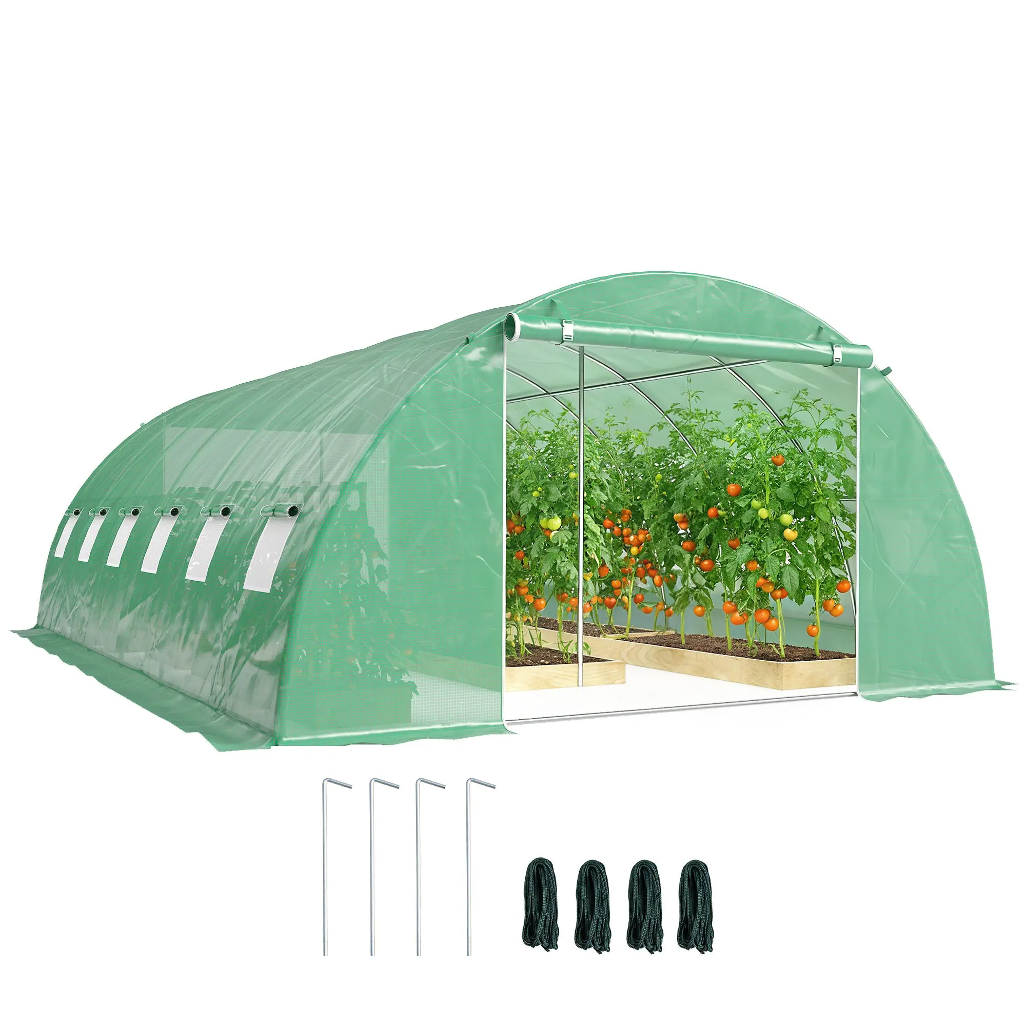 Walk-In Tunnel Greenhouse 6x4x2m Polytunnel Greenhouse with Roll-Up Doors, 12 Mesh Windows, PE Cover & Galvanised Steel Frame, Green