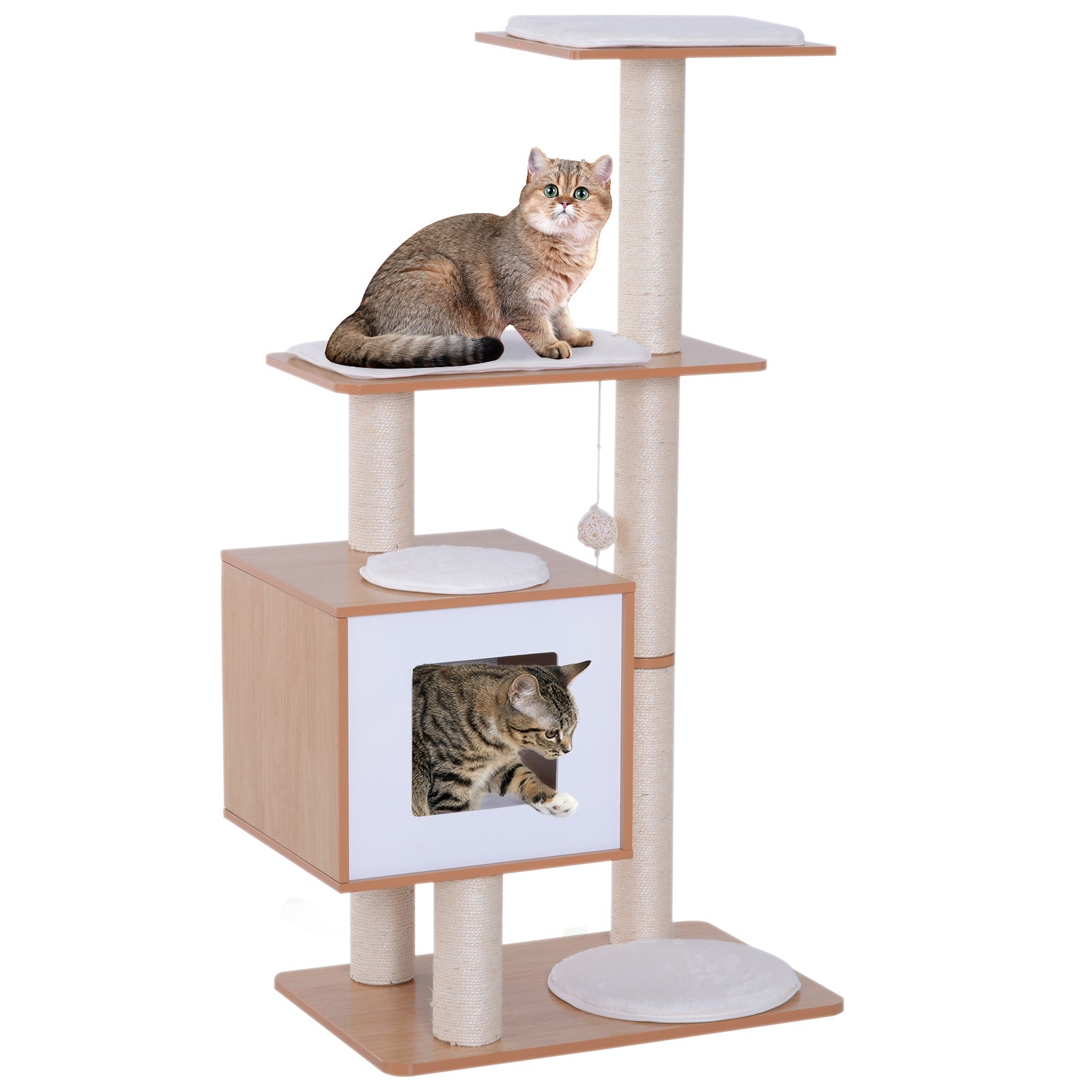 PawHut Medinis Katės Šveitimo Medis 71.5x49.5x120 cm Katės Tornas su Urvu, Platformomis, Sisalio Šveitimo Stulpais, Minkštais Pūkiniais Pagalvėlėmis ir Kabinamais Kamuoliukais Natūralus