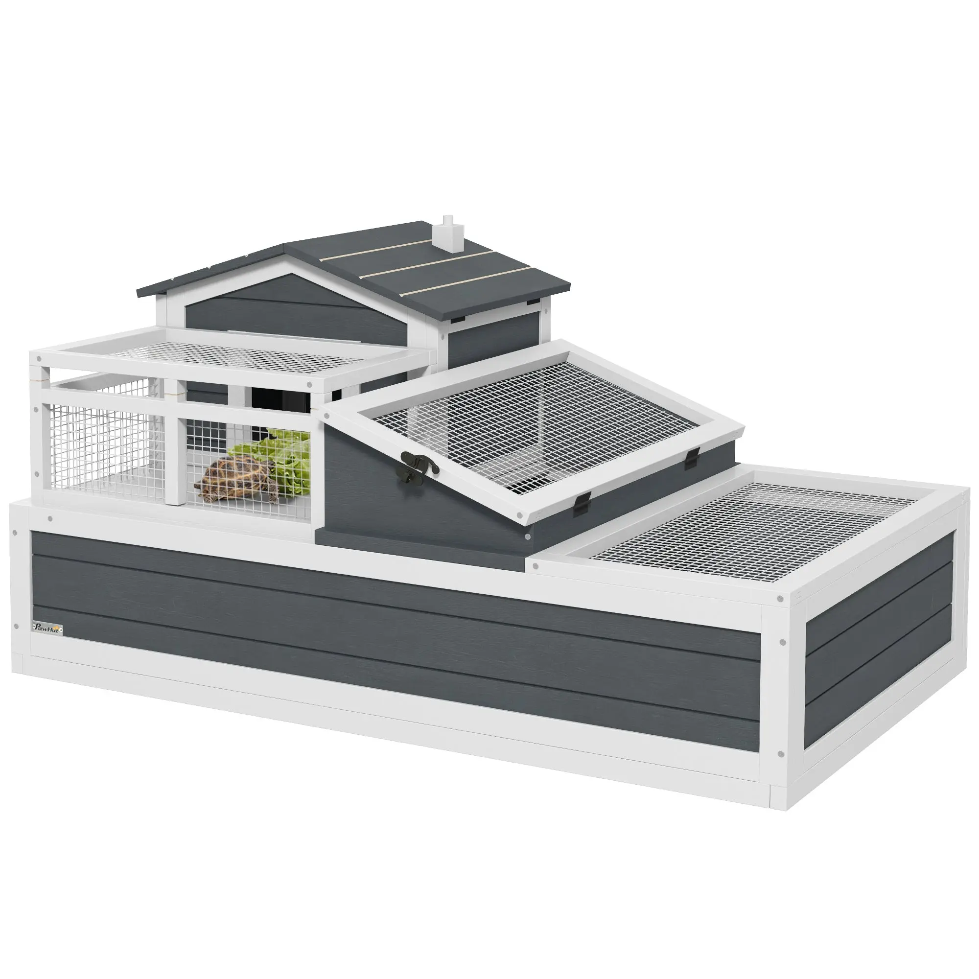 Wooden Turtle House — 2-Level Turtle Enclosure with Balcony, Hinged Roof & Pull-Out Tray, Outdoor Reptile Habitat, Gray