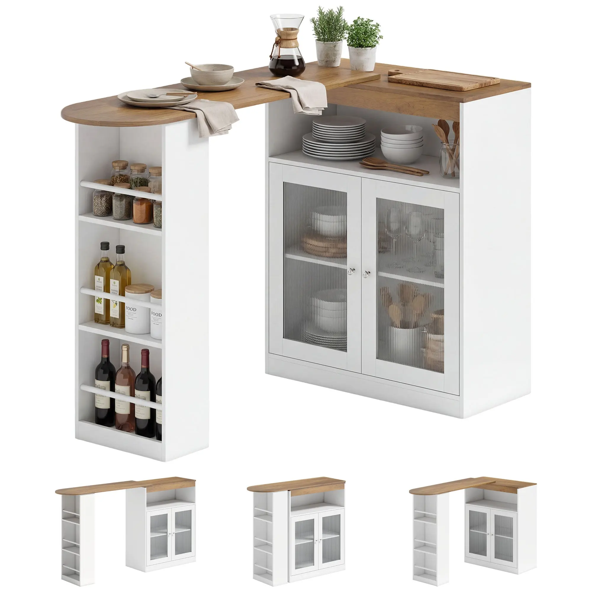 360° Rotating Extendable Bar Table with Shelves and Glass Doors, White & Natural Wood, 59.1 x 31.5 x 41.5 in