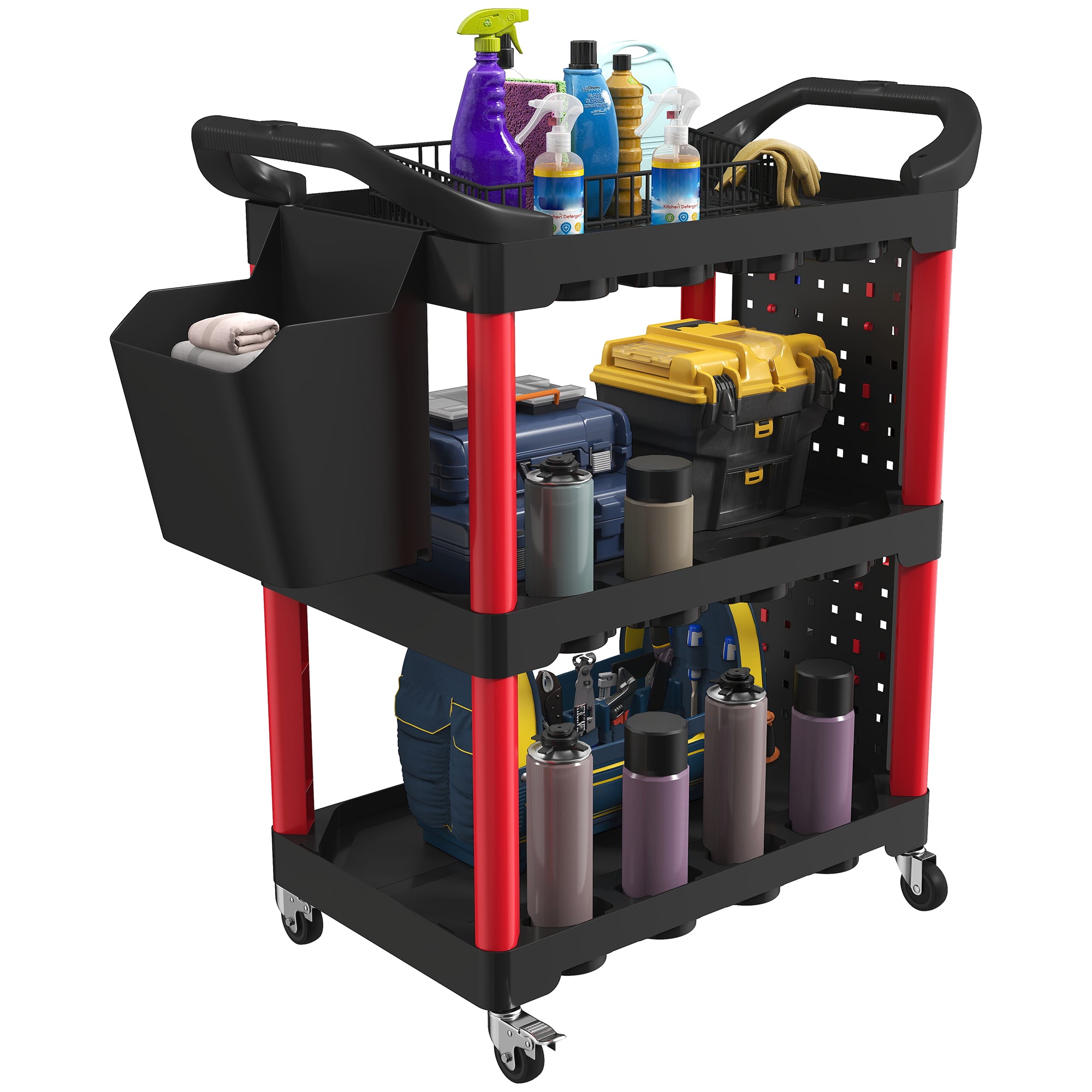 3-Tier Workshop Tool Cart with Pegboards, Hooks, Tool Bucket and Handles – Garage/Workshop Utility Trolley, 95 x 43 x 96 cm (37.4 x 16.9 x 37.8 in), Black/Red
