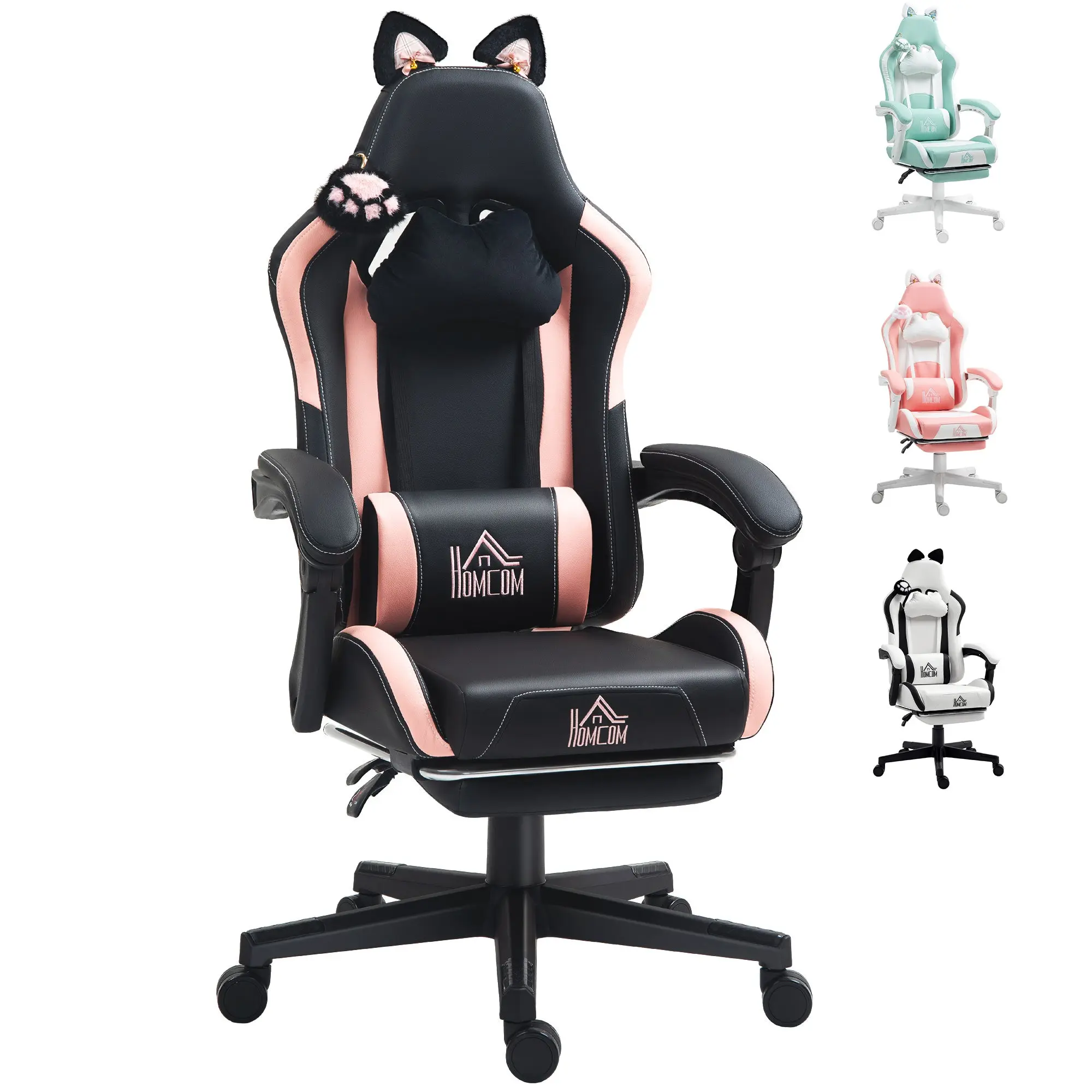 Gaming Chair with Footrest Reclining Gamer Chair 135° Adjustable Height Swivel Gaming Desk Chair with Cat Ears Lumbar Support Black Maximum Load 120 kg