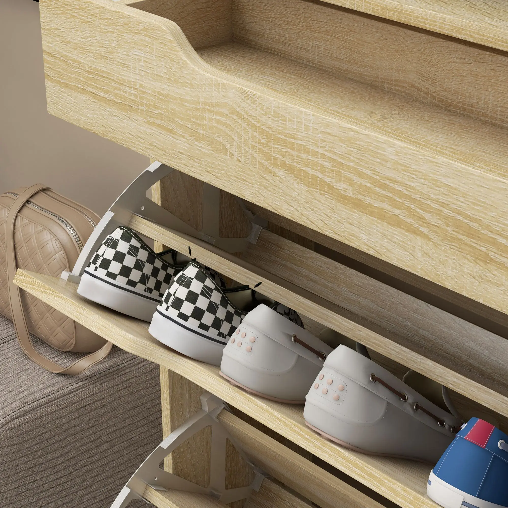 Shoe Cabinet with 2 Swing Drawers + 1 Sliding Drawer + 1 Counter and 1 Glass Shelf Adjustable in 2 Levels 89 x 23 x 96 cm Oak