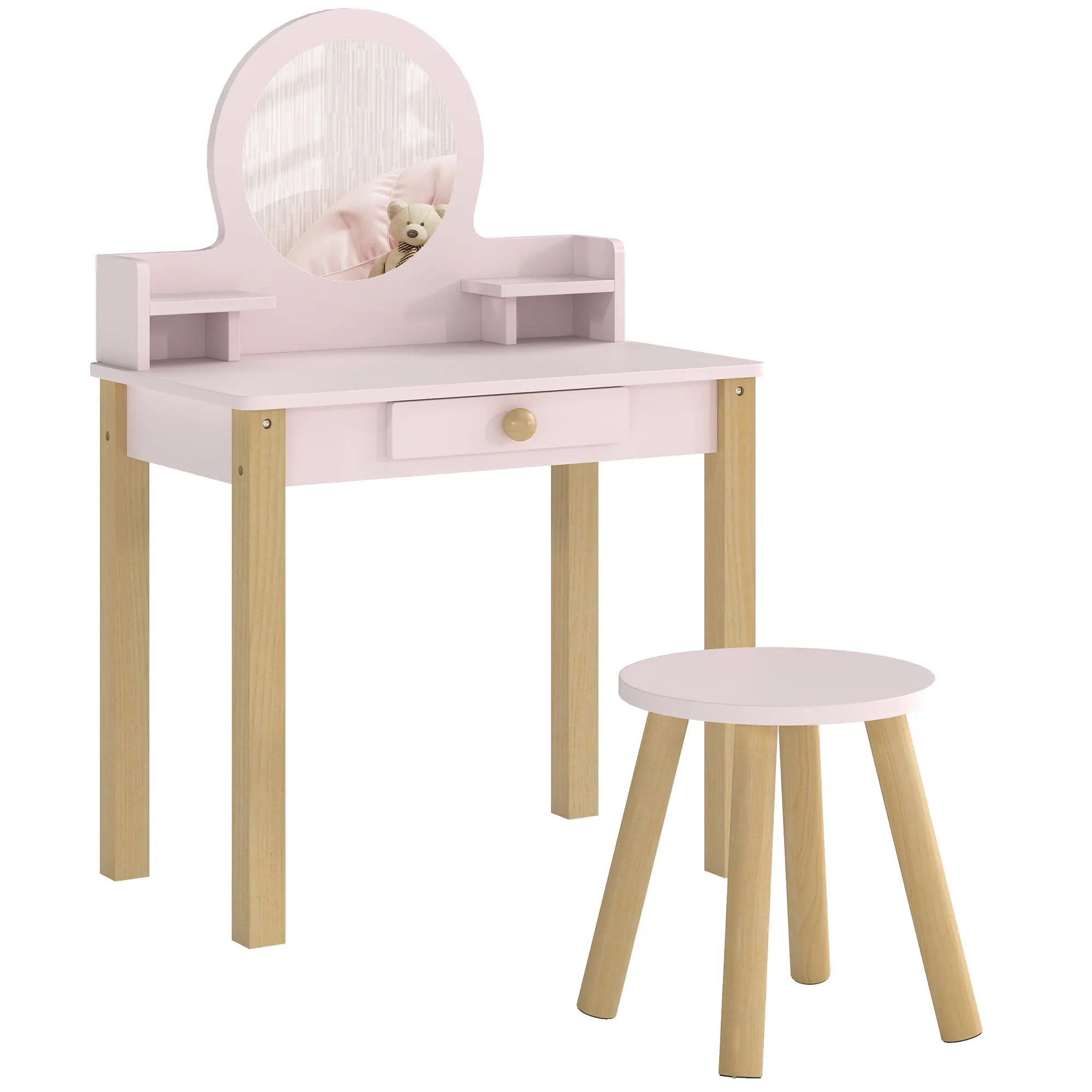 Wooden Kids' Vanity with Acrylic Mirror & Stool, Drawer & Shelf, Ages 3–6, Pink