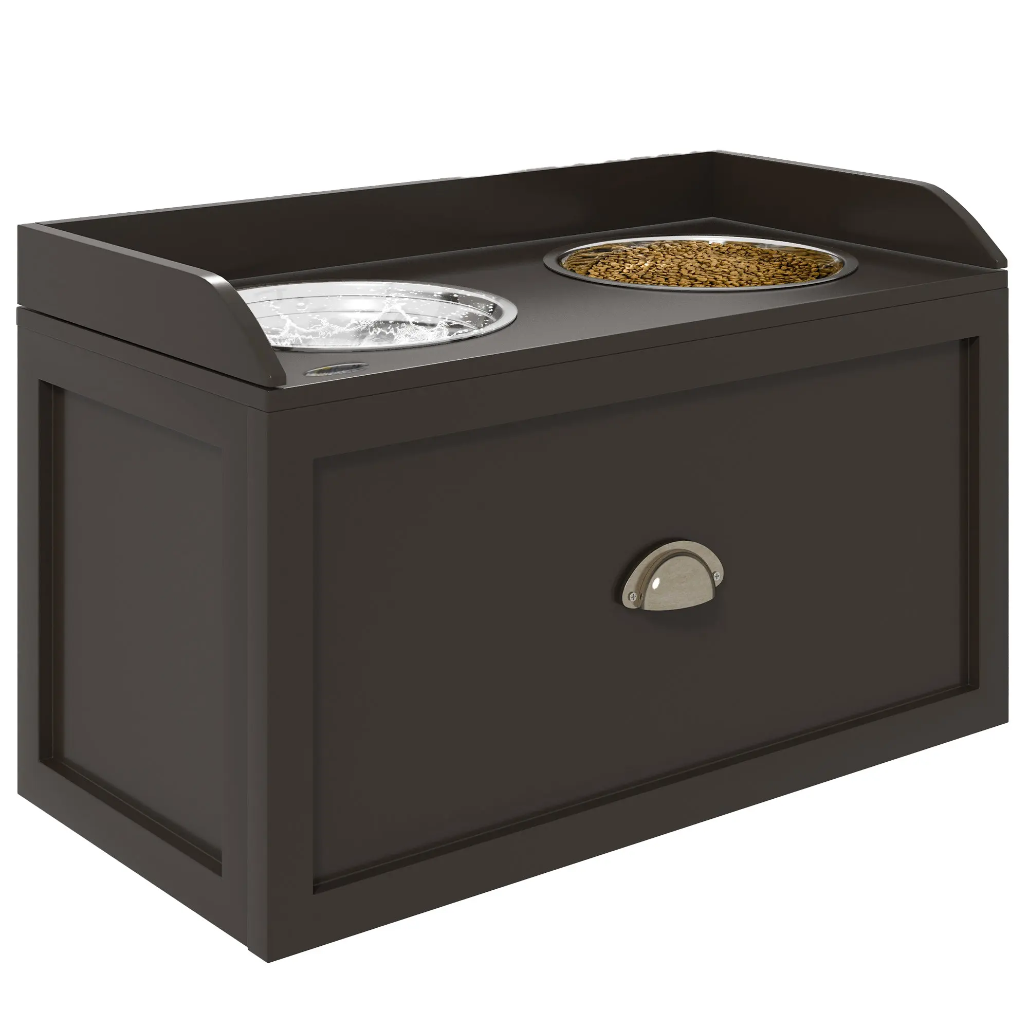 Dog Bowl, 2 x 2L Feeding Bowl, Elevated Food Bowl with Drawer, Stainless Steel Bowl, Feeding Station for Large Dogs, Coffee