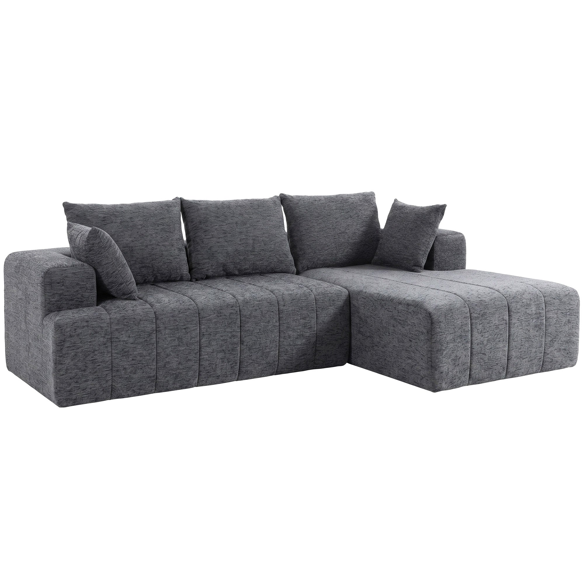 Modular L-Shaped Corner Sofa with Ottoman, Convertible Chenille 'Cloud' Sleeper, 3-Seater, Thick Pocket-Spring Cushioning, Deep Wide Seats, Wide Armrests, 2 Cushions, Gray