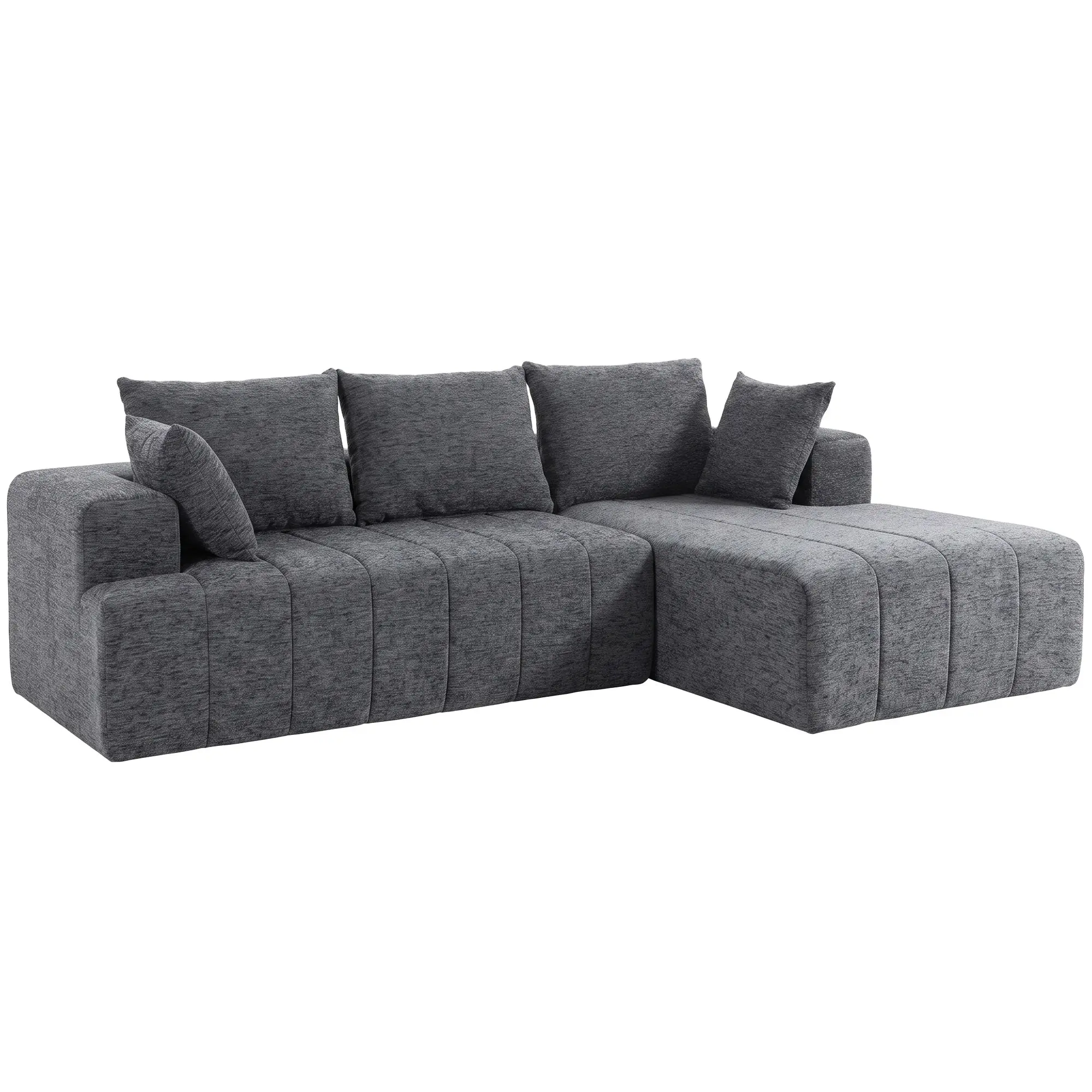 Modular L-Shaped Corner Sofa with Ottoman, Convertible Chenille 'Cloud' Sleeper, 3-Seater, Thick Pocket-Spring Cushioning, Deep Wide Seats, Wide Armrests, 2 Cushions, Gray