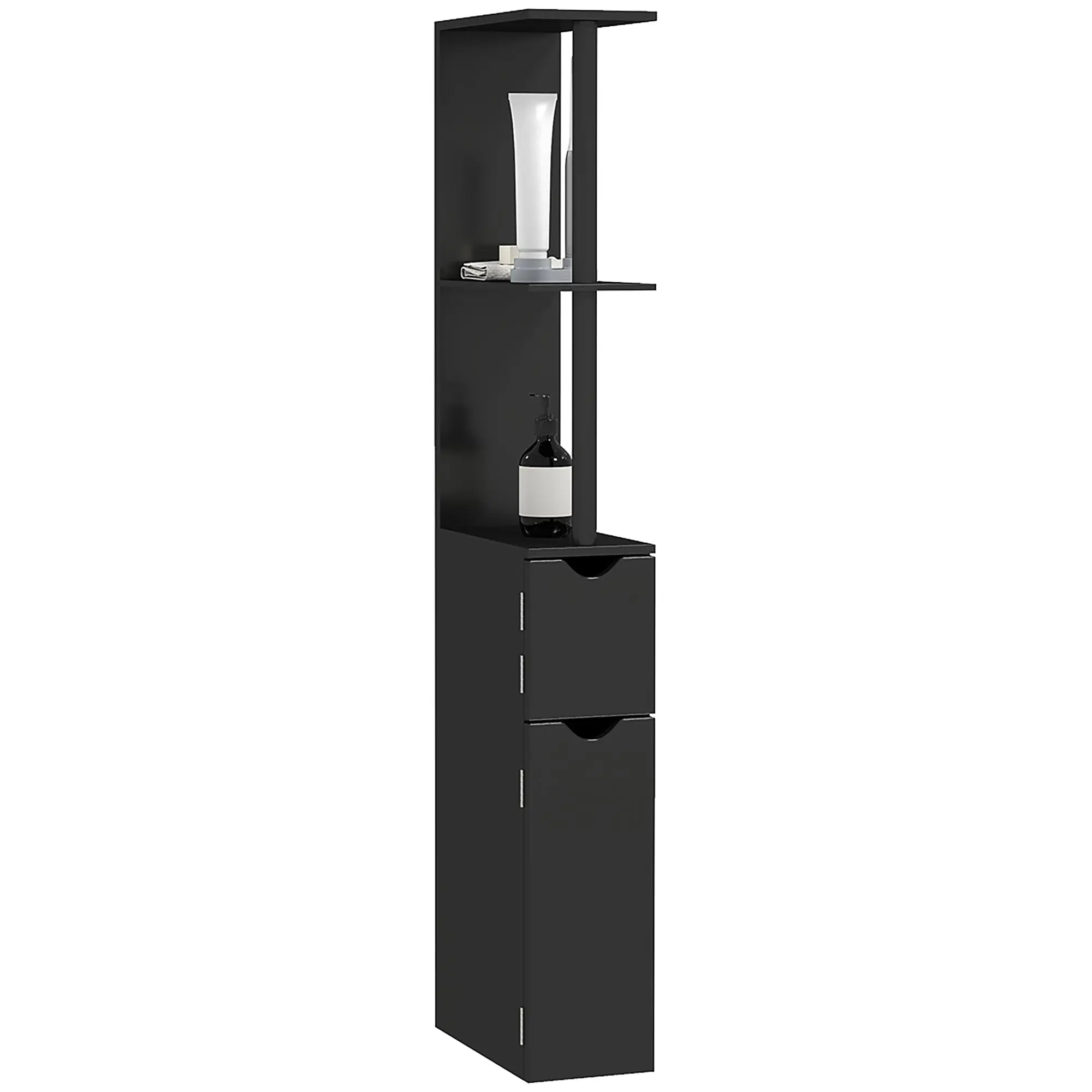 Bathroom Column with 2 Shelves and 2 Cabinets, Tall Bathroom Space Saver in MDF, 15.2x29.8x118cm, Black